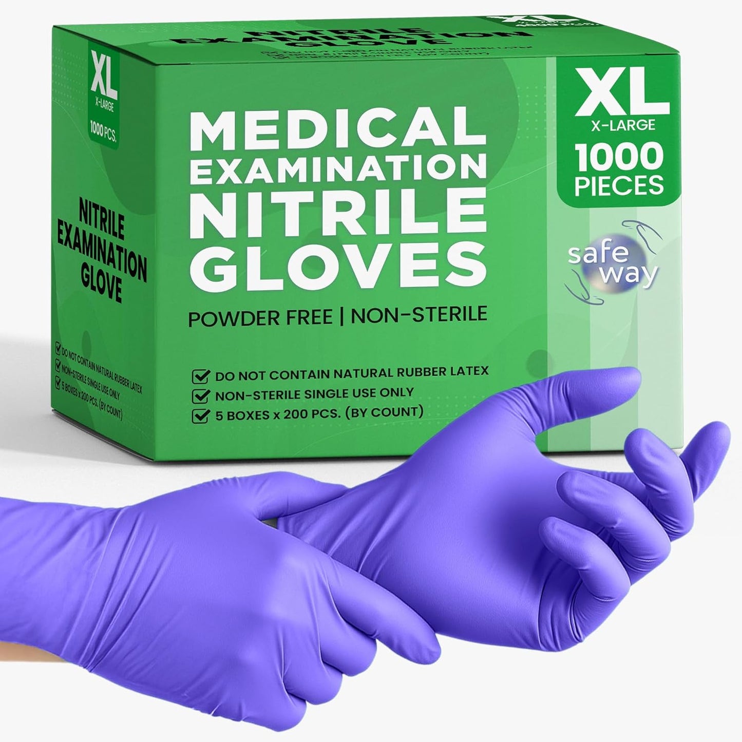 SafeWay Nitrile Disposable Gloves — Multi-Purpose Powder-Free, Non-Latex, Medical Use, and Textured Fingertips for Food Prep, Cleaning, Tattoo, Nursing, Lab, Examination, & More — (1000 pcs, X-Large)