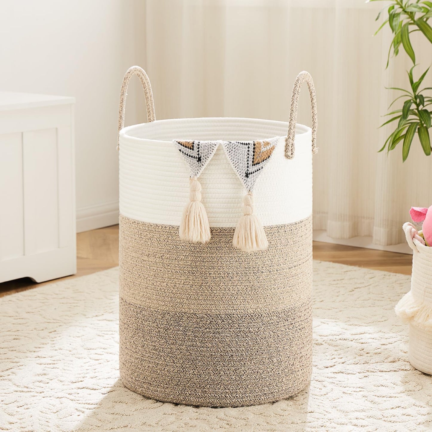 Laundry Basket,Woven Cotton Rope Laundry Hamper,100L for Decorative Storage of Dirty Clothes,Toys and Blankets in Bathroom,Bedroom and Living Room
