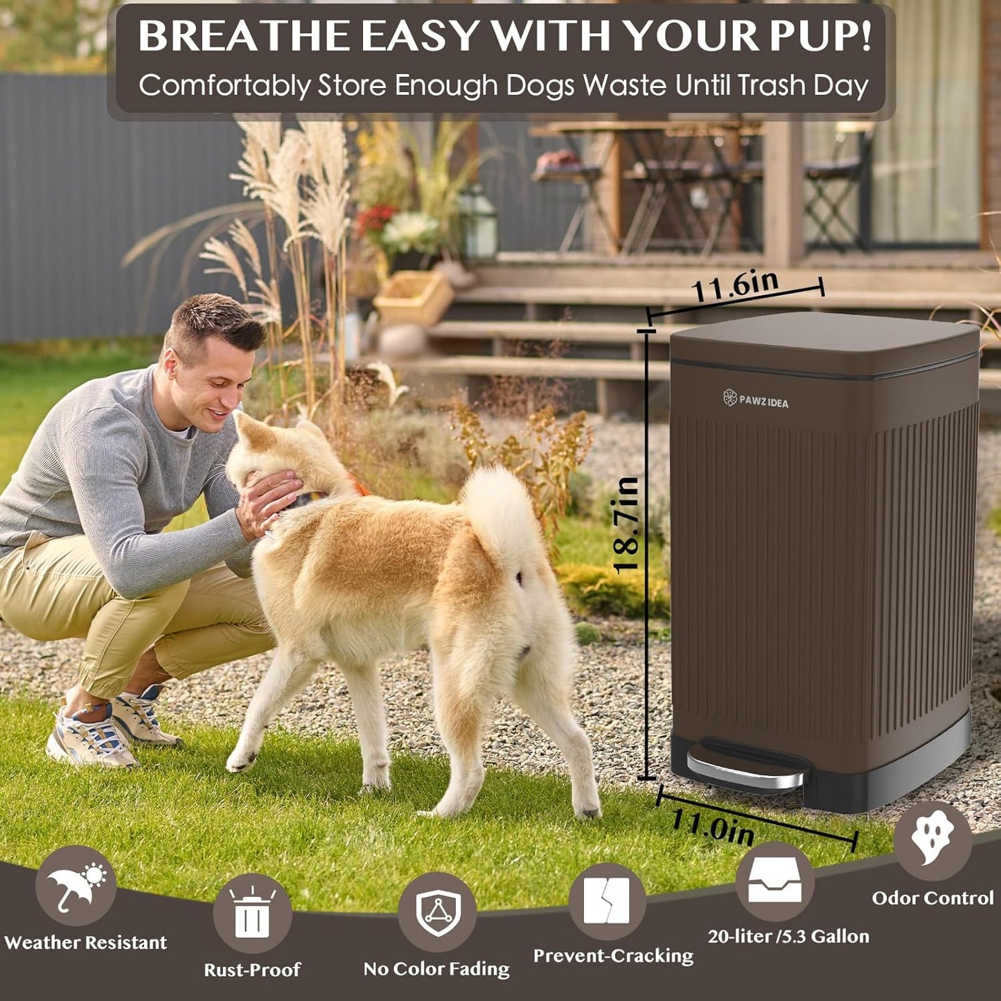 PAWZIDEA Dog Poop Trash Can Outside Odor Control, 5.3 Gallon Large Dog Waste Trash Can with Lid, Waterproof Poop Disposal Bin Outdoor Garbage Can, Activated Carbon Pet Waste Station Container Backyard