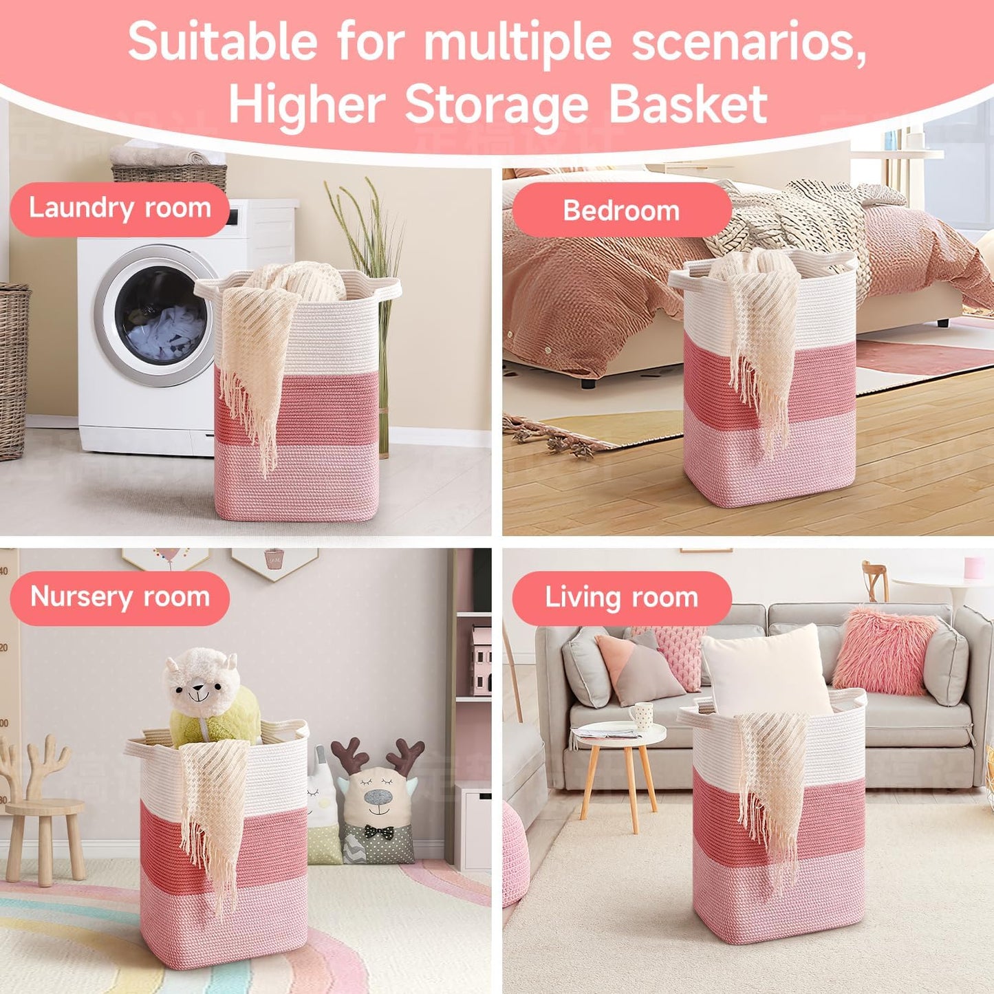 CLHMILY&Z 75L Laundry Hamper Rectangular Pink Rope Basket - 16x13x22 Inches - Dirty Clothes Storage Soft Organizer Bin for Blankets, Toys, and Nursery Essentials