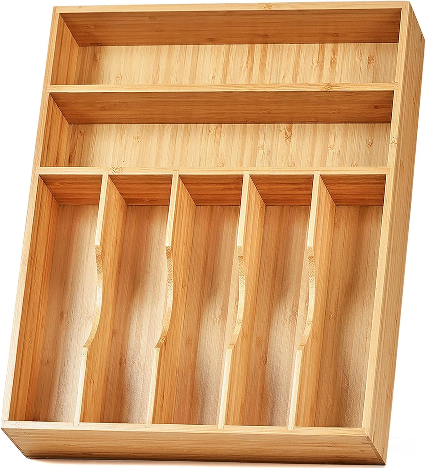 Umilife Kitchen Drawer Organizer, 12.5 Inch Silverware Utensil Tray Holder, Extra Deep, with Non-Slip Feet & Grooved Drawer Divider, 7 Slots Total Bamboo Wood Caddy for Flatware Cutlery Knives