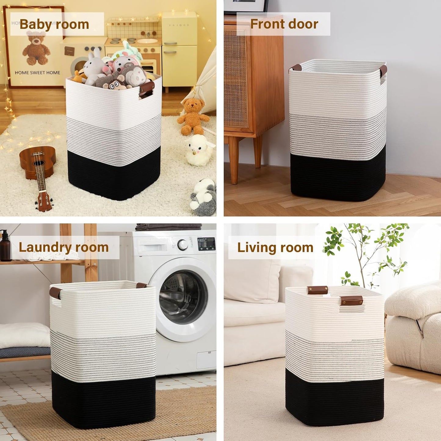 Laundry Hamper 96L Extra Large Laundry Basket, Woven Blanket Basket, Cotton Woven Storage Hamper with Handles for Living Room, Large Baskets for Pillows, Blankets, Clothes-Gradient Black