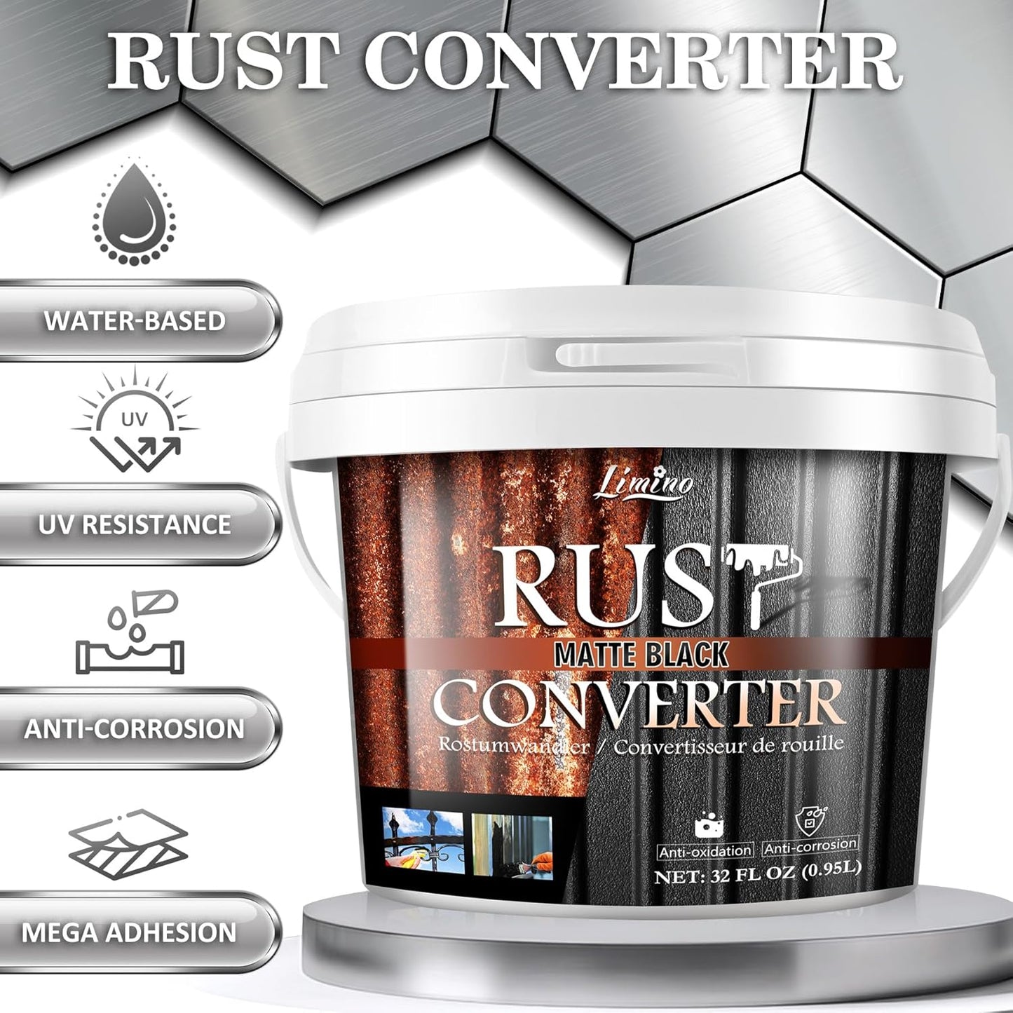 Rust Converter for Metal - Black Metal Primer and Rust Remover, Reformer ＆ Encapsulator, Long-lasting Anti-Rust Effect, Inhibitor Paint for Cars and Various Surfaces - 32 fl. oz