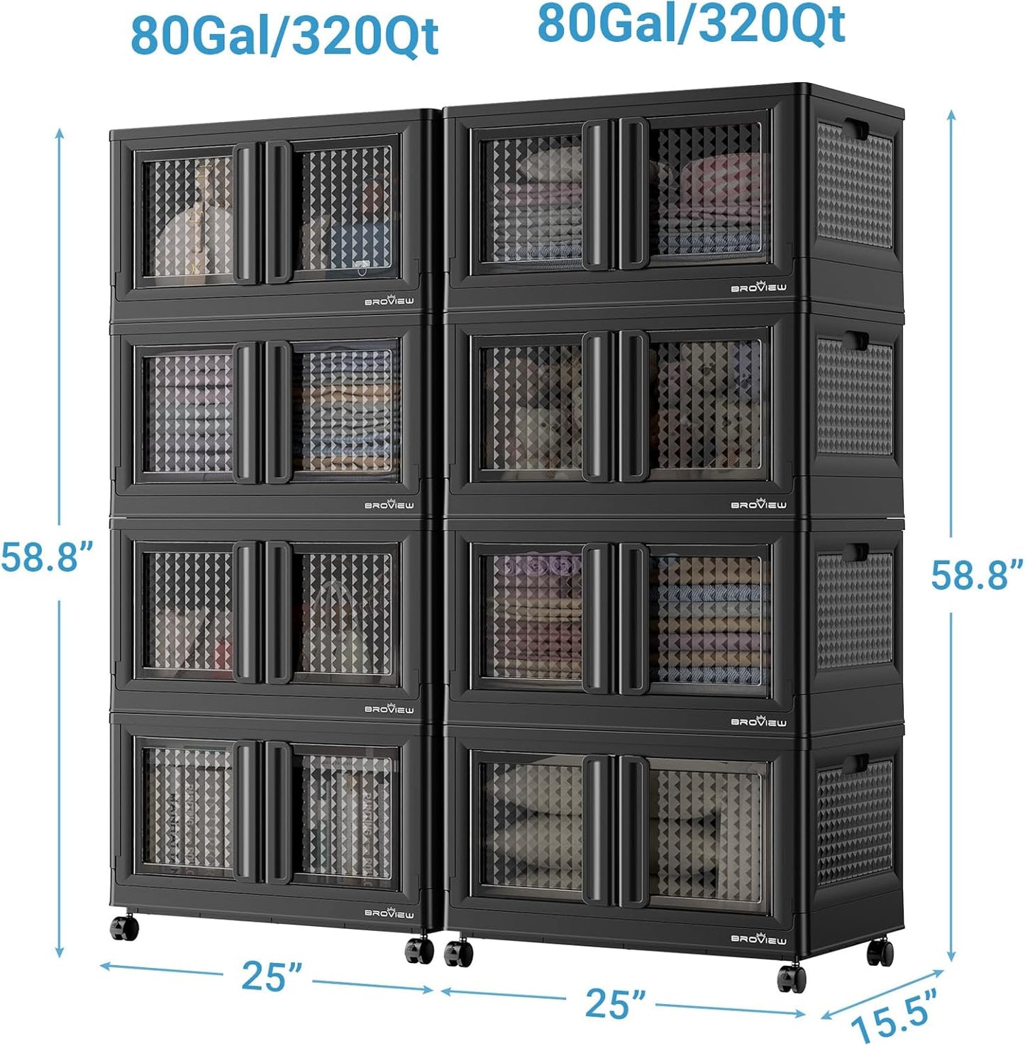 BROVIEW 160Gal Stackable Storage Bins with Lids & Wheels, 640Qt Plastic Collapsible Closet Organizer and Storage Drawers, Storage Boxes Cabinets for Home, Office, 8 Pack, Black