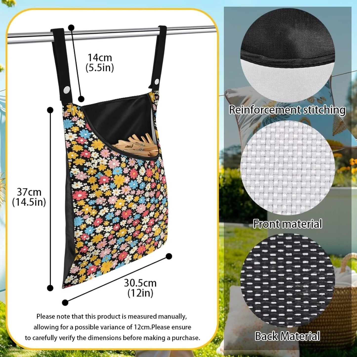 Clothes Pin Hanging Bag, Large Capacity Clothespin Bag with A Large Opening, Clothes Pin Hanging Bag Space-Saving Organize for Clothesline Outdoor - Hippie Flower Pattern