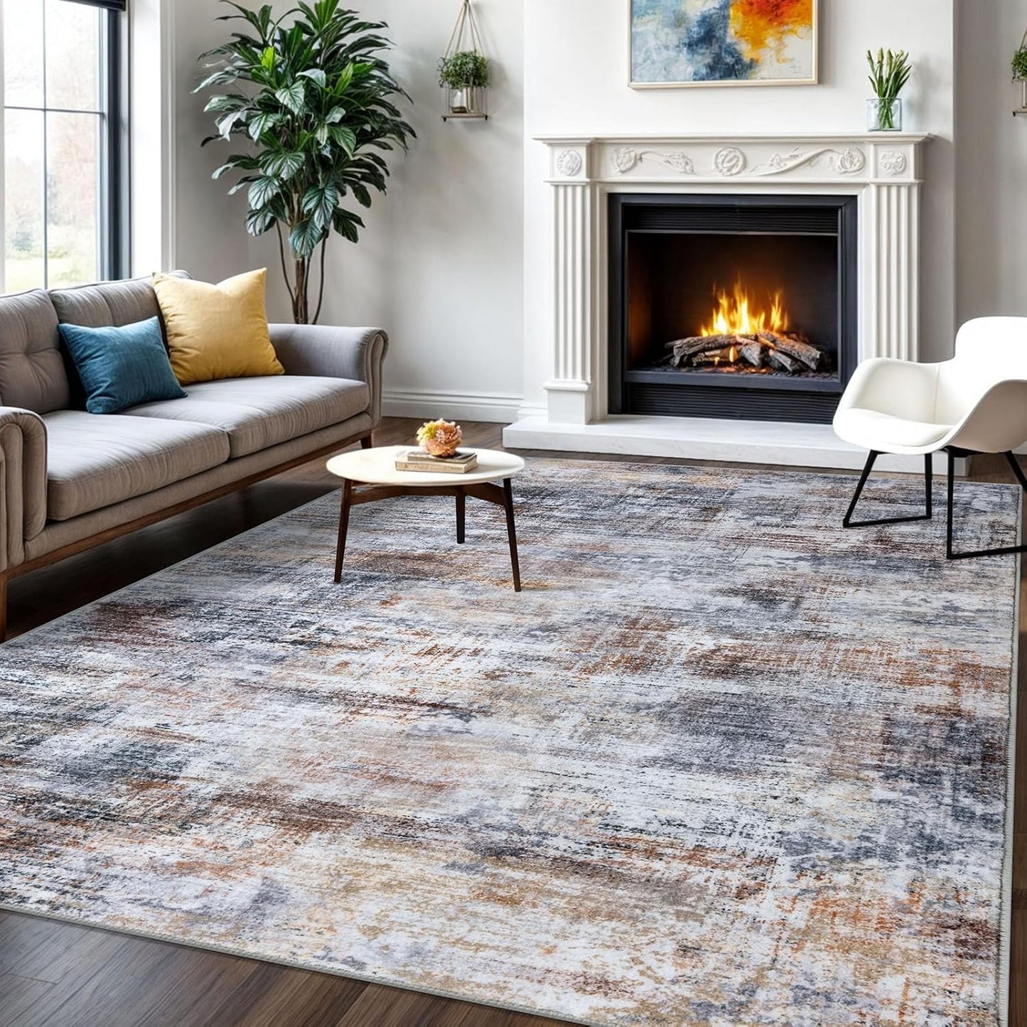 IOHOUZE Abstract Area Rugs 6x9 Ft Washable Rugs for Living Room, Non Slip Dining Room Rug, Printed Faux Wool Rugs for Bedroom, Floor Carpet for Office Nursery Playroom, Orange Grey