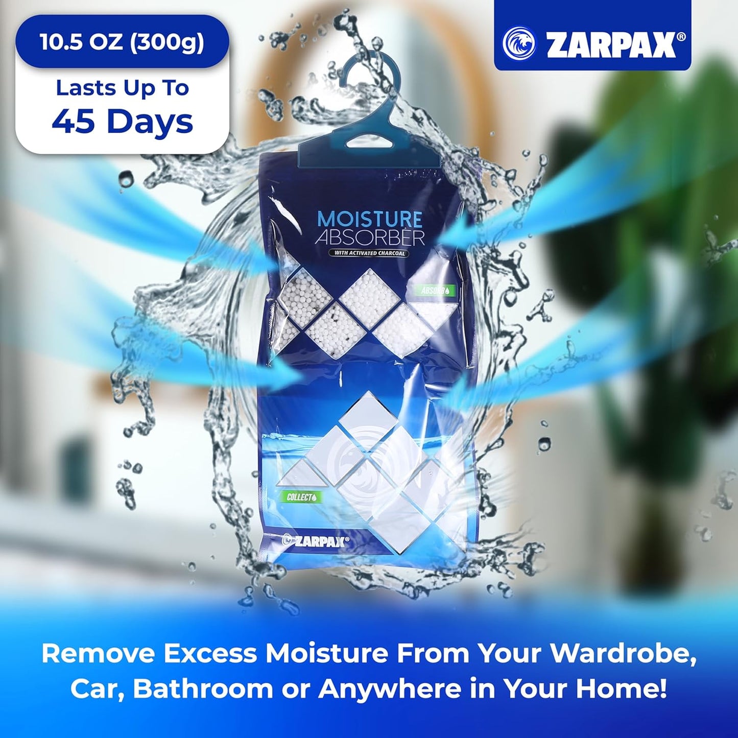 Hanging Moisture Absorber Activated Charcoal 10.6 oz/300g | Moisture Absorbing Bags for Bathroom, Closet & Kitchen | Removes Moisture, Humidity & Odors | Portable Dehumidifier | Set Of 10