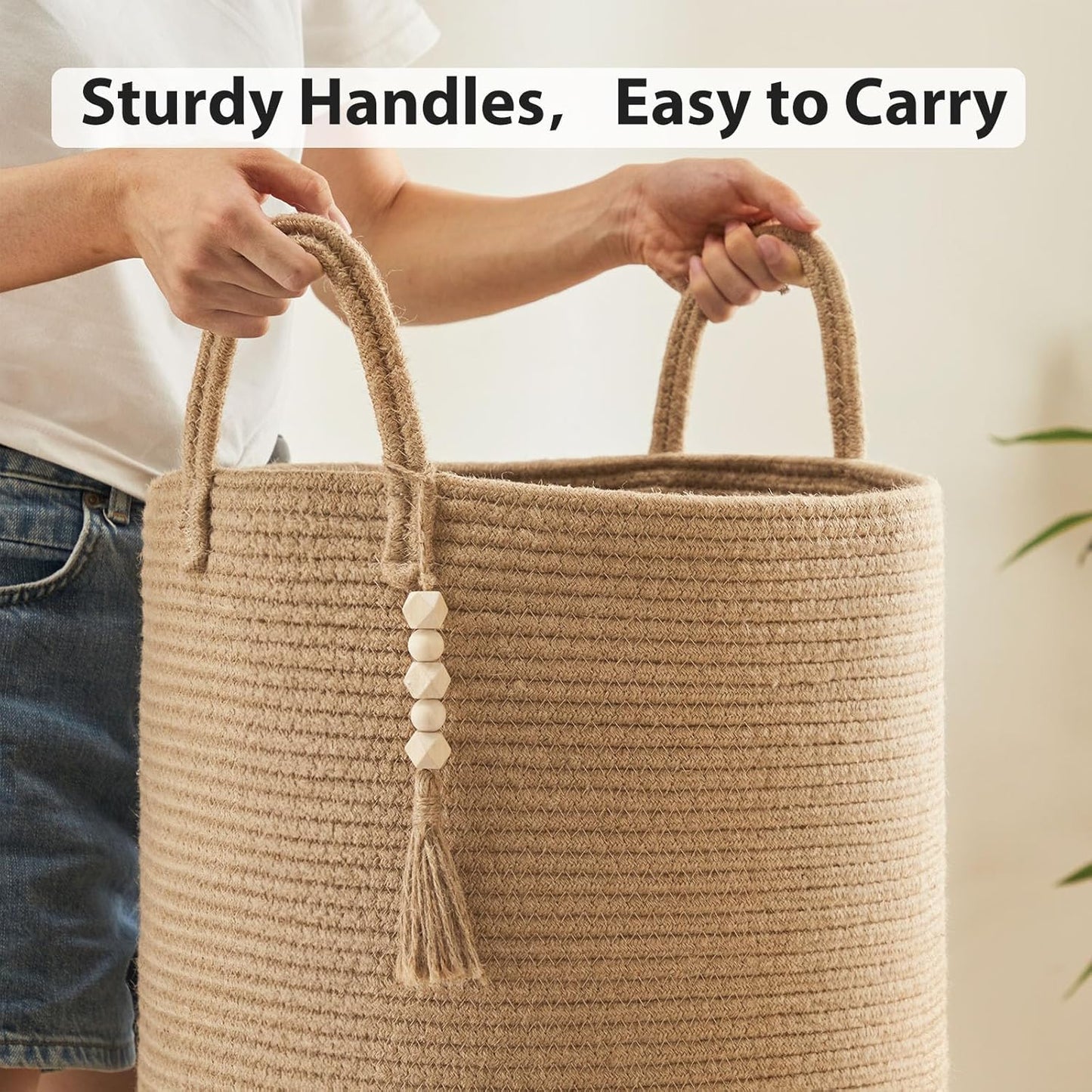 Jute Woven Rope Laundry Hamper, Tall Laundry Basket for Blanket Storage, Large Dirty Clothes Hamper for Toys, Decorative Baby Nursery Hamper for Bedroom, Living Room - Jute Brown, 72L