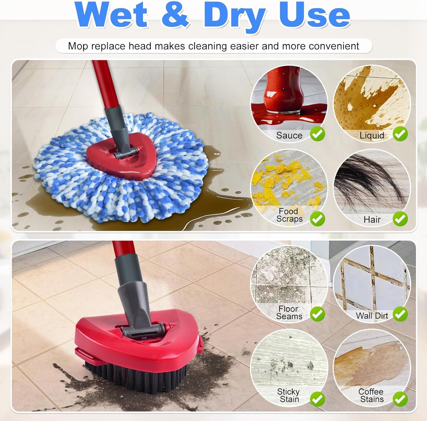 Mop Heads Replacements for Ocedar, 3 Pack Mop Replace Head for Ocedar RinseClean 2-Tank System, Spin Mop Replacement Head with 2 Scrubber Mop Head, Microfiber Mop Refills Deep Cleaning