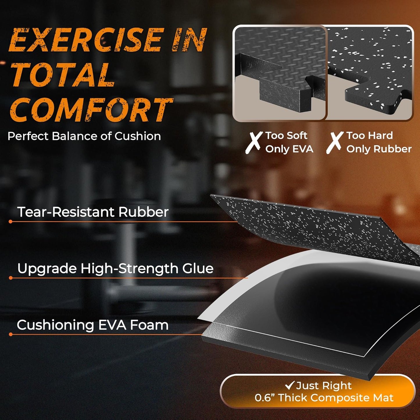 PRAISUN 0.6" Thicker Gym Mat, 24 Tiles 96 Sq Ft Workout Mats, Interlocking Foam Tiles with Rubber Top, High Density EVA Foam, Exercise Mat, Gym Flooring for Home Gym, Garage, 24 x 24in, Black/Grey