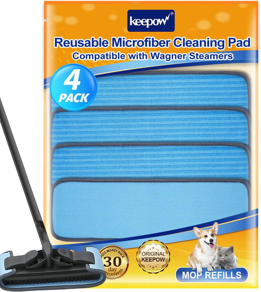 KEEPOW Reusable Microfiber Mop Pads Compatible with Wagner 905e, 915e and 925e Steamers, Reusable Microfiber Cleaning Replacement Pads, Double-Sided Use, Steam Mop Pads, 4 Pack (Mop is Not Included)