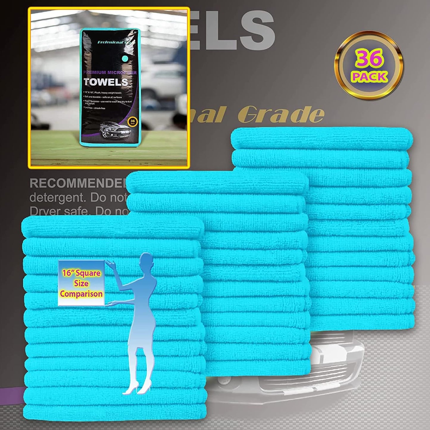 Large Microfiber Cleaning Towels, 36-Pack, Ultra Soft Plush Washcloth Rag, Professional Grade Premium Detailing Cleaning Cloths for Car, Household and Commercial (Sky Blue, 16" X 16")