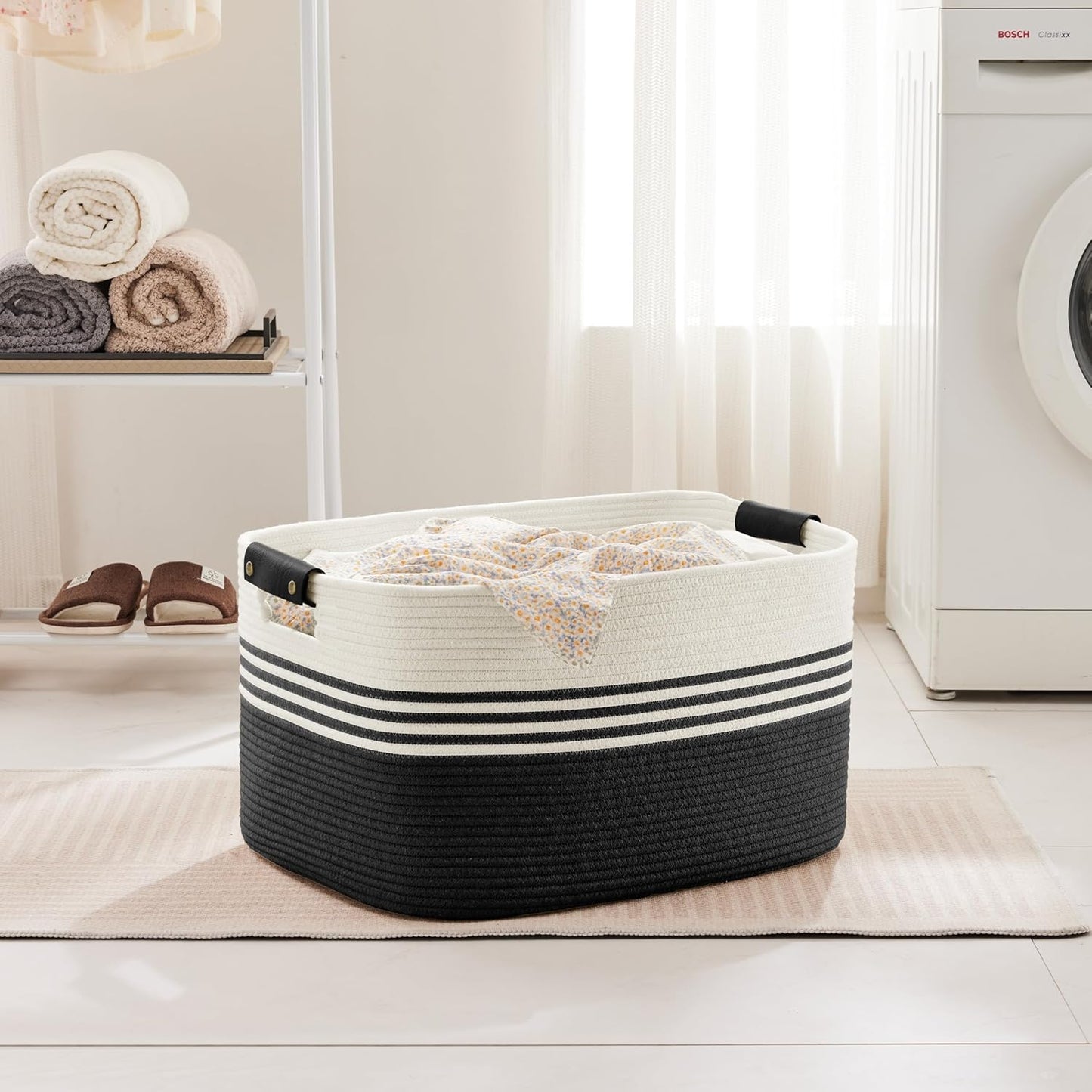 72L Large Laundry Basket with Leather Handles for Living Room Storage, Woven Rope Baskets Bin for Blanket, Kids Toy, Gifts, Wicker Hamper for Bedroom Dirty Clothes, 22"x17"x12" White Black