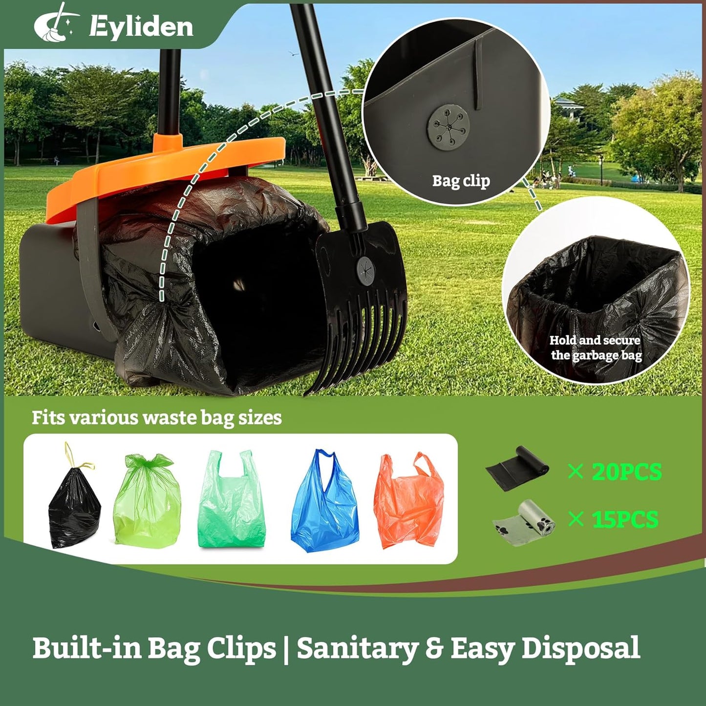 Eyliden Pooper Scooper Broom Set, Include - Dustpan with Lid, Rake, Broom, 35 Waste Bags, 46" Adjustable Long Handle - Yard Lawn Garden Dog Pooper Scooper Leaf Rake, Dust Pan and Broom Combo