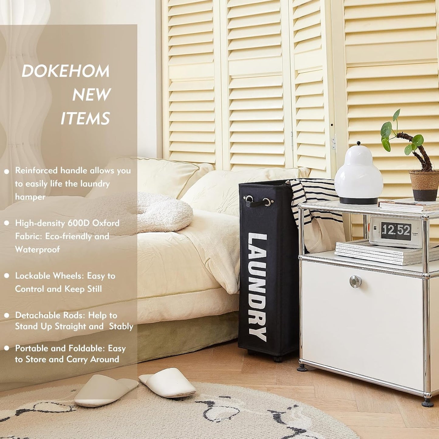 DOKEHOM 25-Inches Slim Laundry Basket on Wheels, Collapsible Rolling Laundry Hamper, Foldable Narrow Corner Clothes Storage Bins (Black)