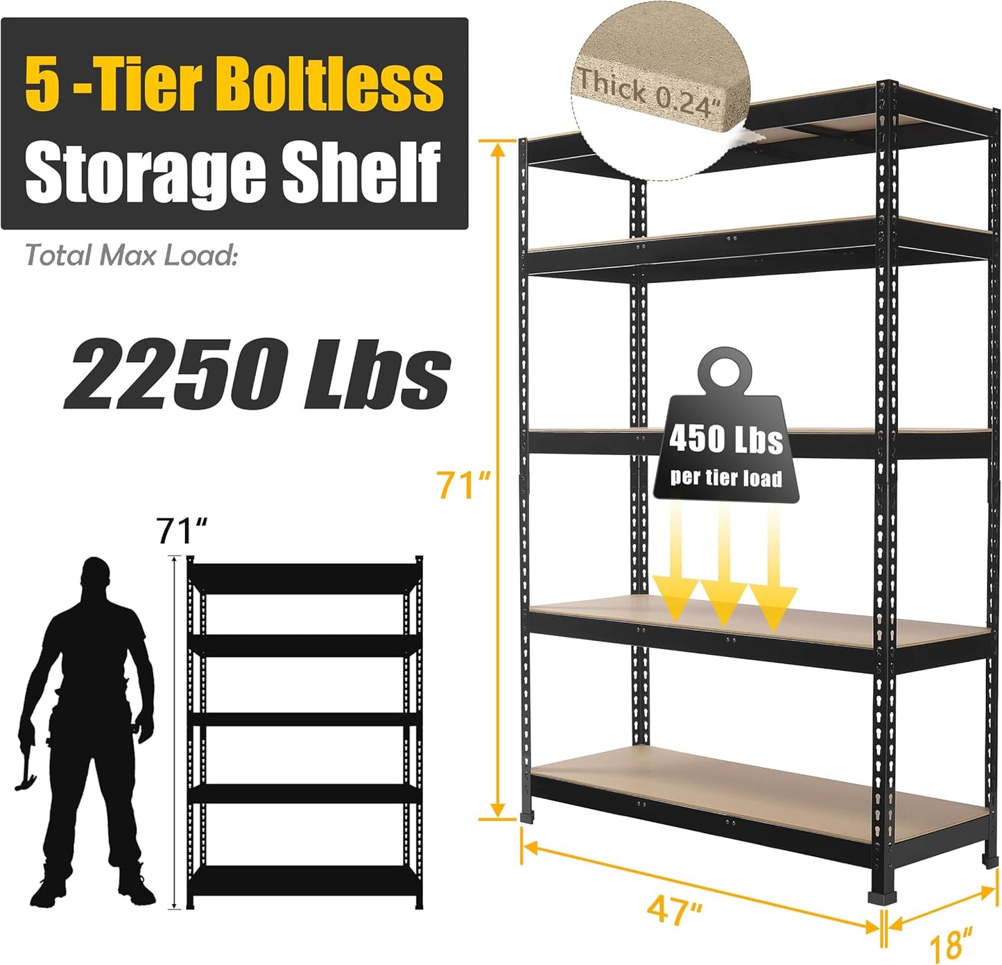 PrimeZone Heavy Duty Adjustable 5 Tier Garage Storage Shelves - 47" W x 18" D x 71" H, Metal Utility Rack Shelf Unit for Warehouse, Pantry, Closet, Kitchen, Black