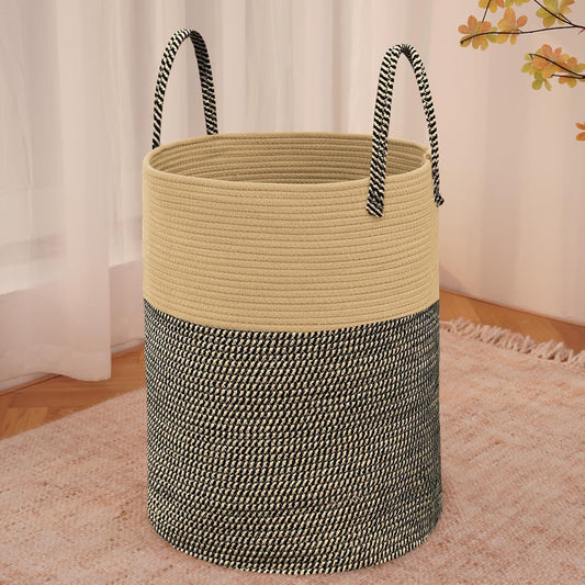 Large Woven Laundry Basket Hamper,60L Cotton Rope Storage Bin for Blankets,Toys and Clothes,Decorative Tall Nursery Hamper for Living Room,Baby Nursery,Bathroom and Bedroom,Brown and Black