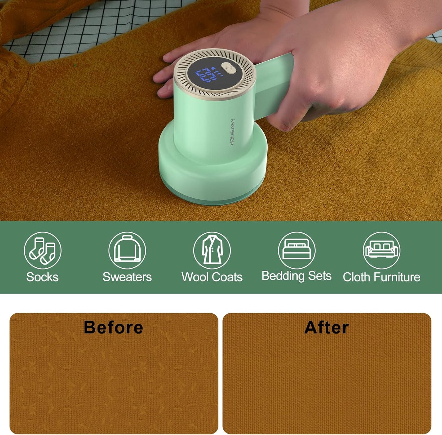 Fabric Shaver Fuzz Remover Rechargeable, HOMEASY Electric Lint Remover Shaver with 3 Blades & LED Digital Display, Sweater Couch Fabric Pill Shaver for Sweater, Couch, Furniture