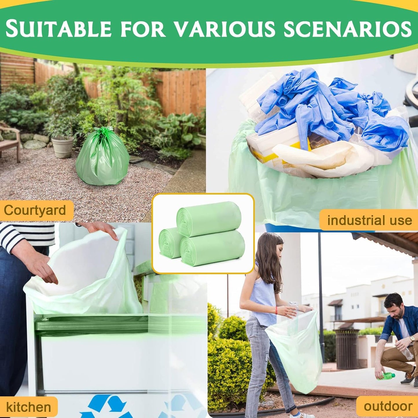 Biodegradable Compost Recycling Trash Bags, Compostable 13 Gallon Plastic Trash Bags For Kitchen, 100 Count, 1.2 Mils,60 Liter, Recyclable Composta Large Heavy Duty Garbage Bag (100)