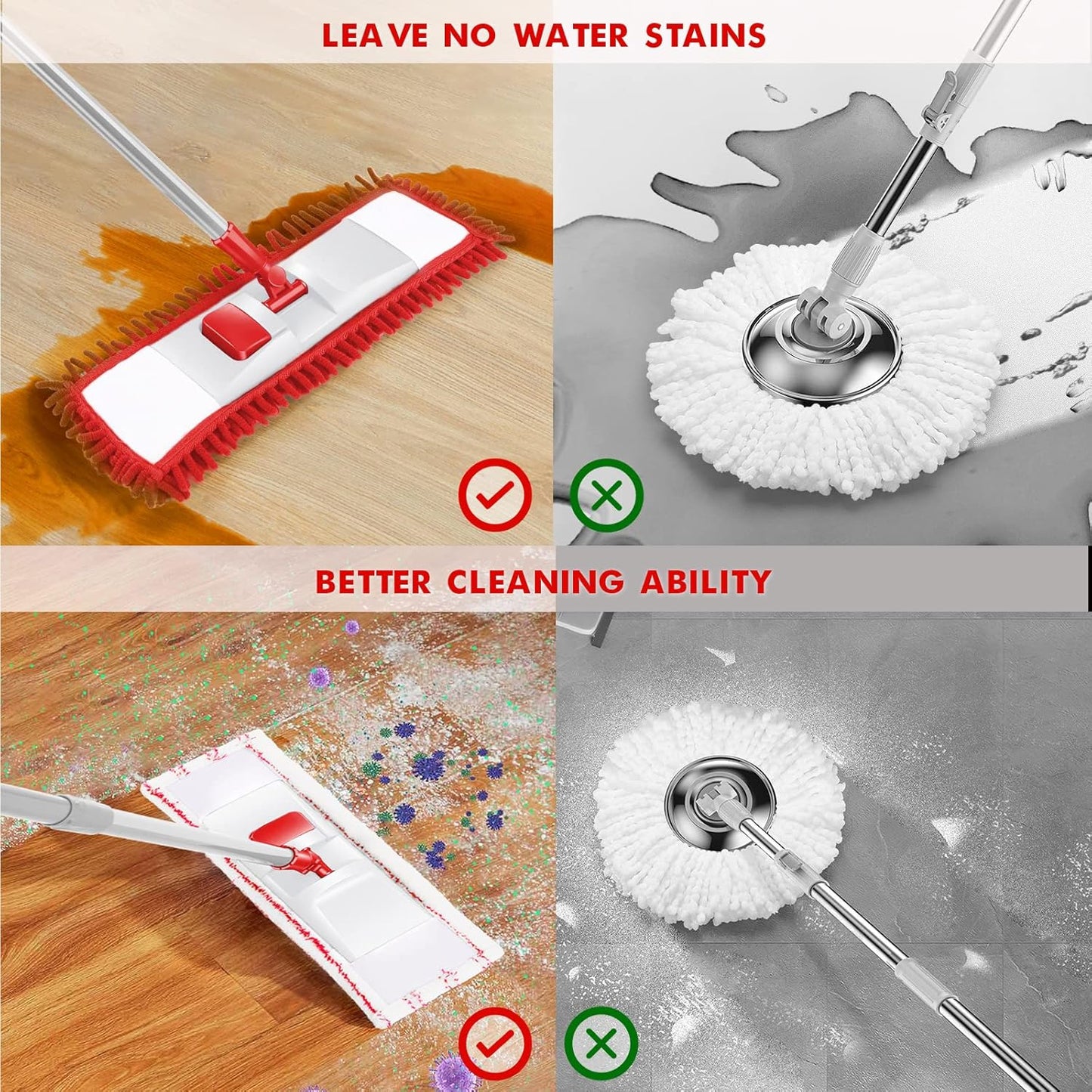 MASTERTOP Microfiber Mop for Floor Cleaning, Flat Dust Mop for Home and Kitchen, Adjustable Stainless Steel Handle with 4 Washable Mop Pads, Hardwood Floor Mop for Wood, Vinyl, 1 Cleaning Scraper
