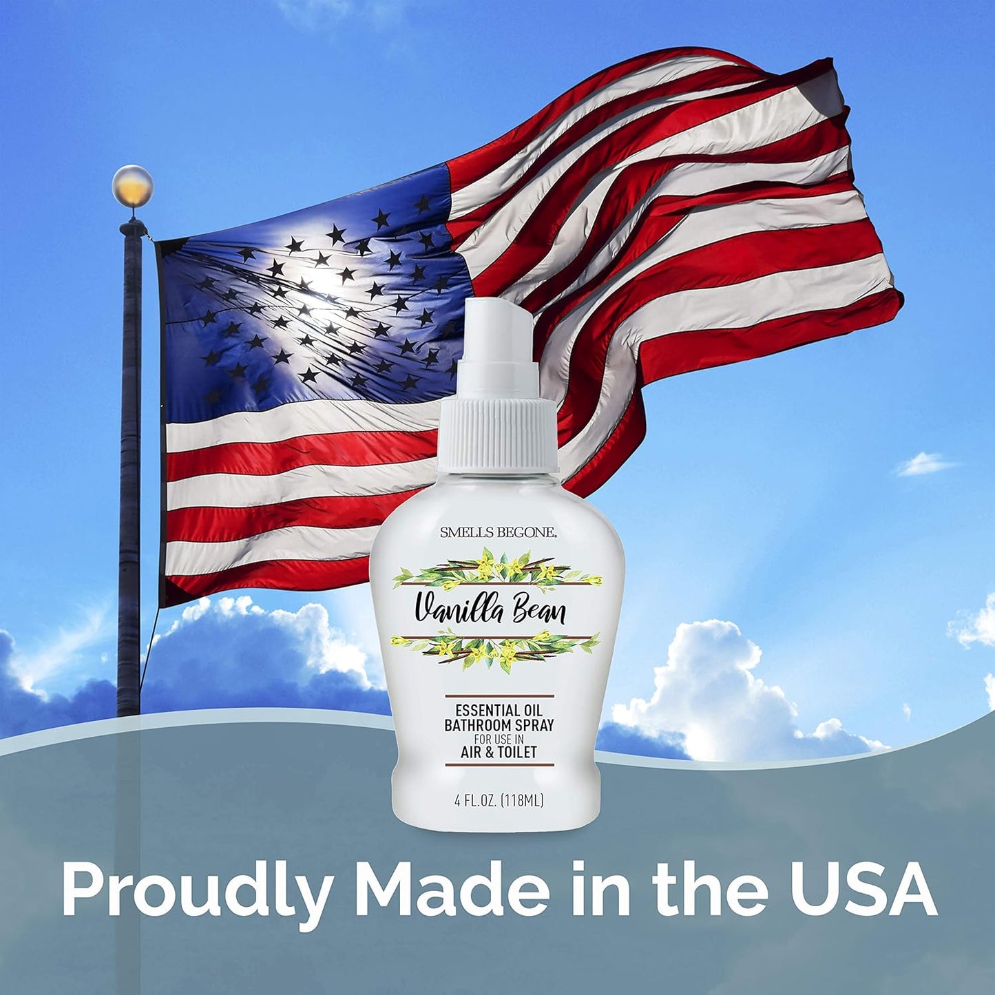 SMELLS BEGONE 4 oz Essential Oil Air Freshener Bathroom Spray - Eliminates Bathroom & Toilet Odors - Made with Essential Oils - Vanilla Bean Scent