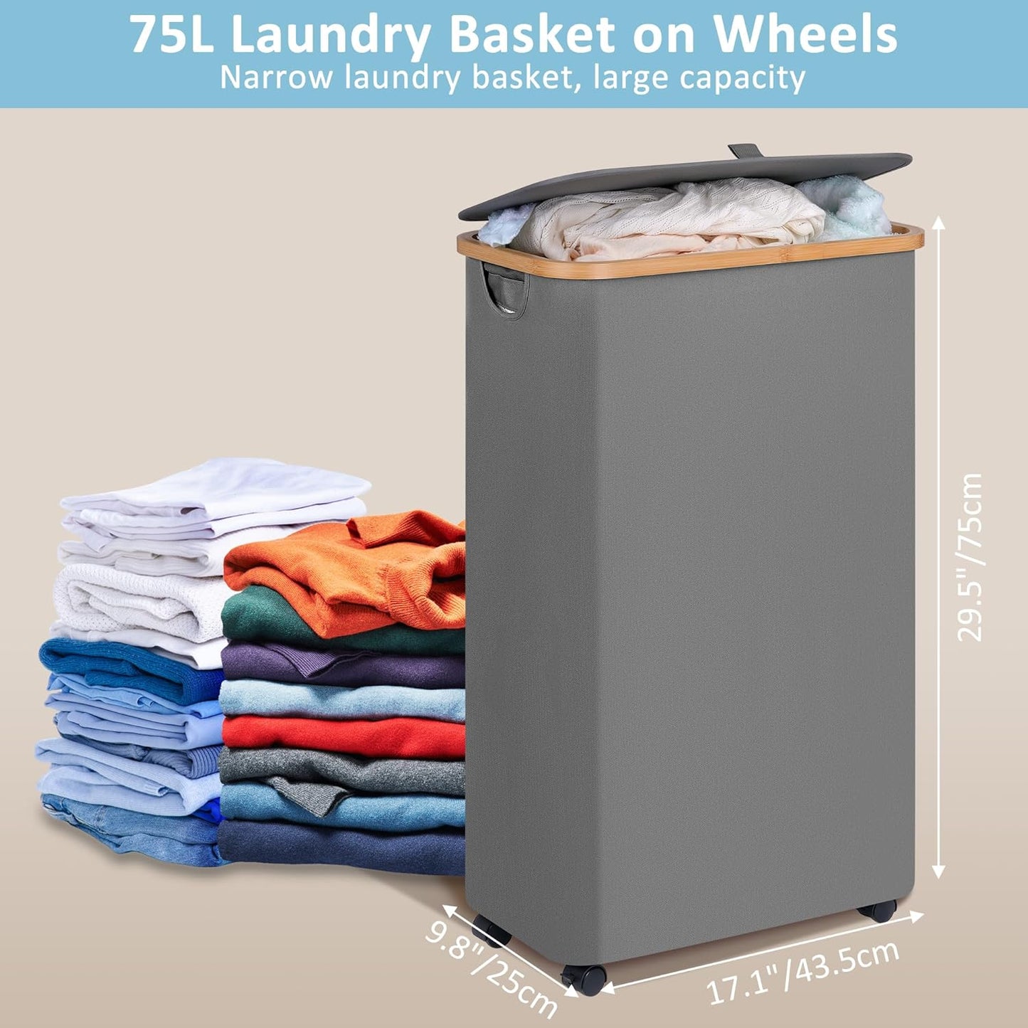 efluky Slim Laundry Basket with Wheels, Narrow Rolling Laundry Hamper with Lid and Removable Bag, Tall Aesthetic Dirty Clothes Hamper on Wheels for Laundry Room, Bedroom, Dorm and Bathroom, 75L Grey
