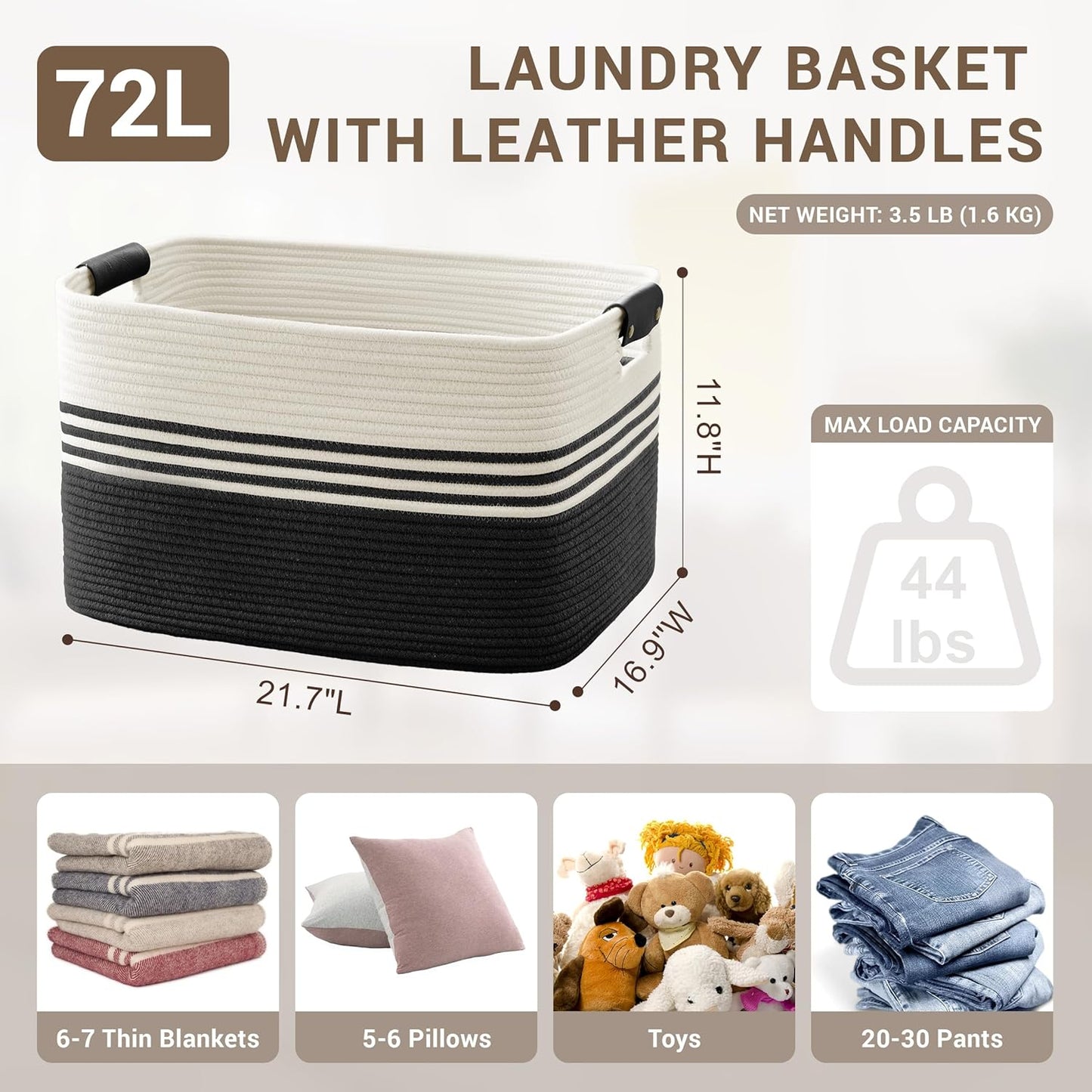 72L Large Laundry Basket with Leather Handles for Living Room Storage, Woven Rope Baskets Bin for Blanket, Kids Toy, Gifts, Wicker Hamper for Bedroom Dirty Clothes, 22"x17"x12" White Black