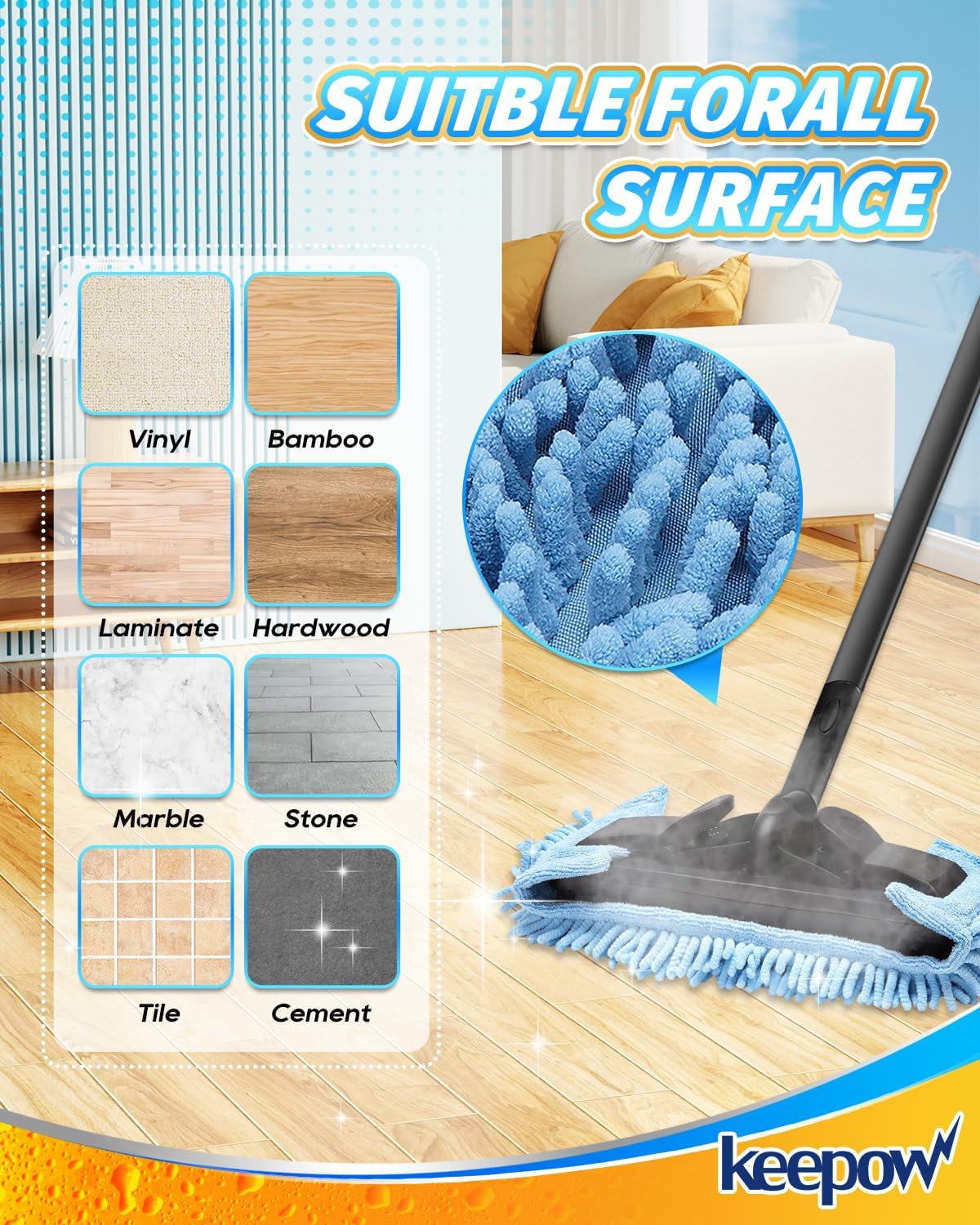 KEEPOW Reusable Microfiber Mop Pads Compatible with Wagner 905e, 915e & 925e Steamers, Reusable Microfiber Cleaning Pad and Chenille Mop Pads for Hardwood Floor Cleaning 2+2 Pack (Mop is Not Included)