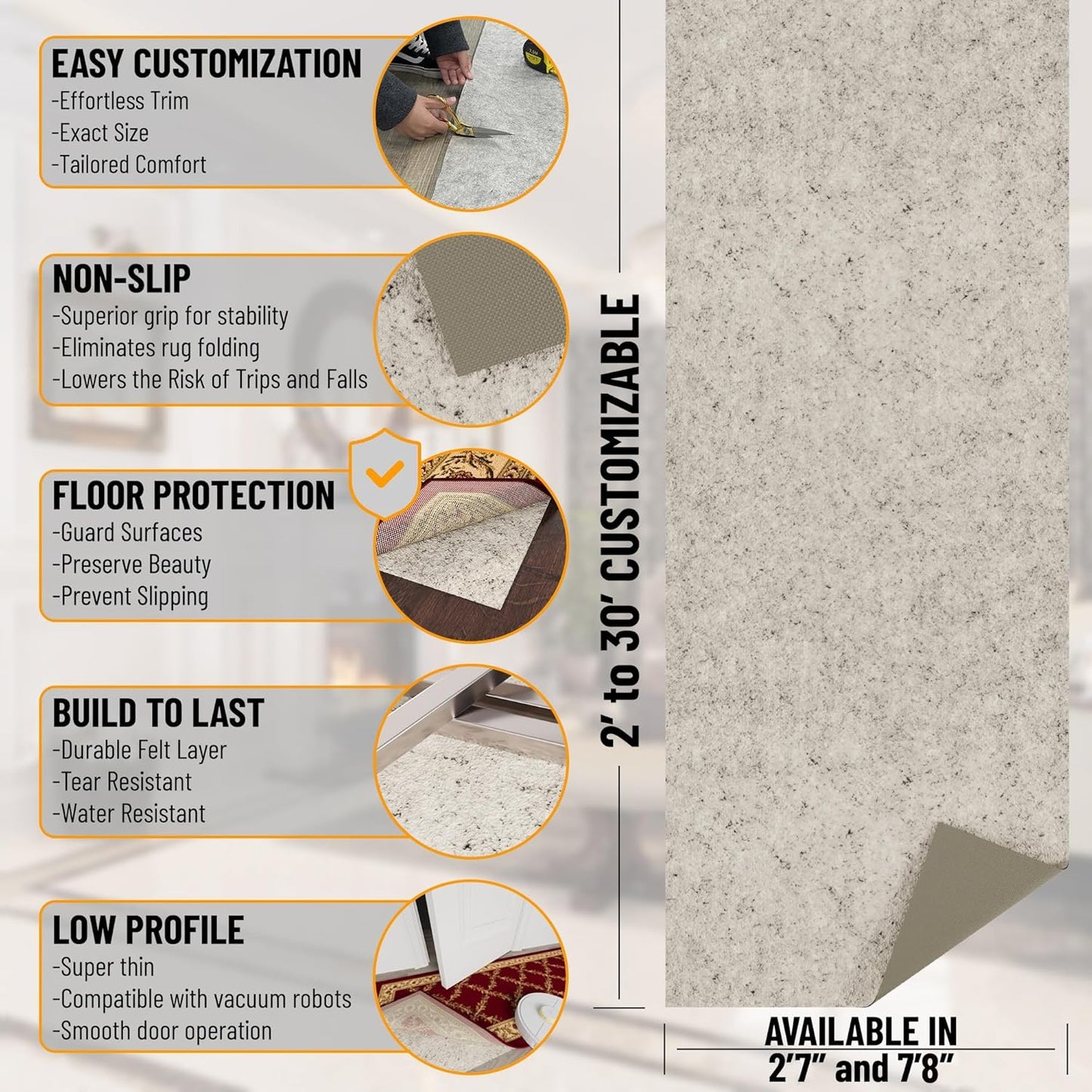 Ottomanson 7'8" x 12' Non-Slip Rug Pad Gripper 1/12 Inch Ultra Thin Dual Surface Felt + Rubber Gripper - Safe for All Floors, Cream
