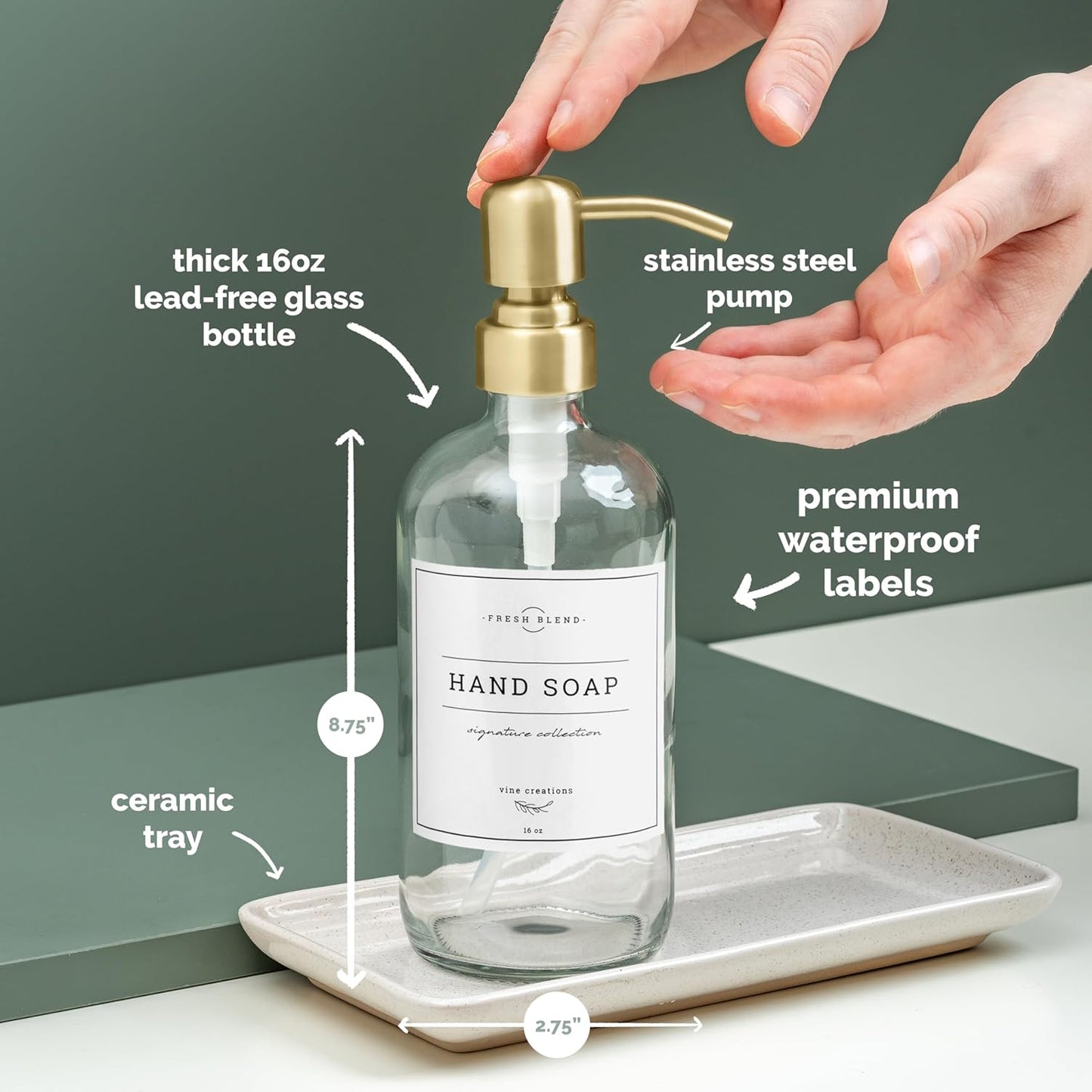 Vine Creations Glass Soap Dispenser, 2 Pack Kitchen Soap Dispenser Set with Ceramic Tray, Stainless Steel Pump, Dish Soap and Hand Soap Dispensers for Bathroom or Kitchen Decor with Waterproof Labels