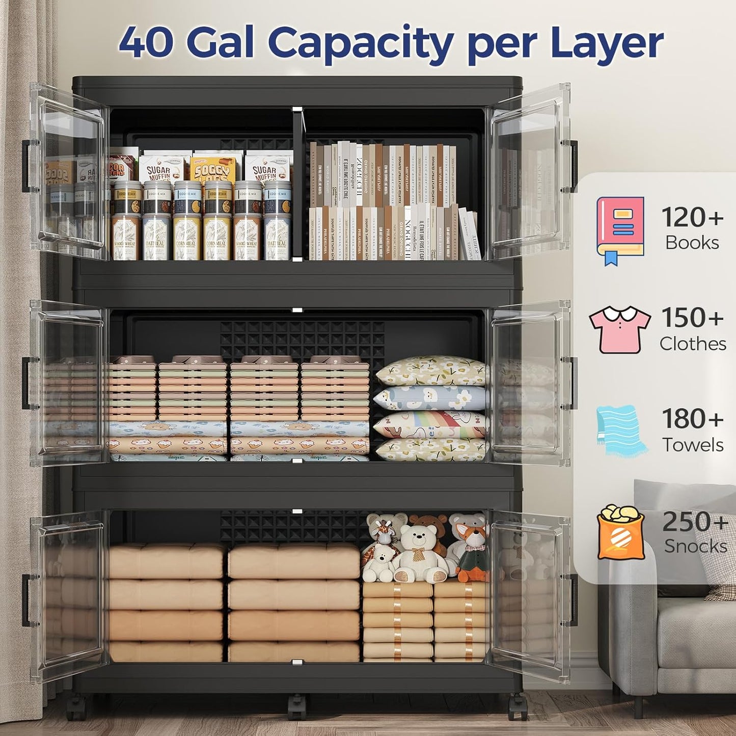 160GAL Extra Large Storage Bins with Lid, 640Qt Stackable Closet Organizers and Drawers, Collapsible Storage Bins with Wheels, Folding Storages Cabinet for Home Bedroom Office, 4Pack Black