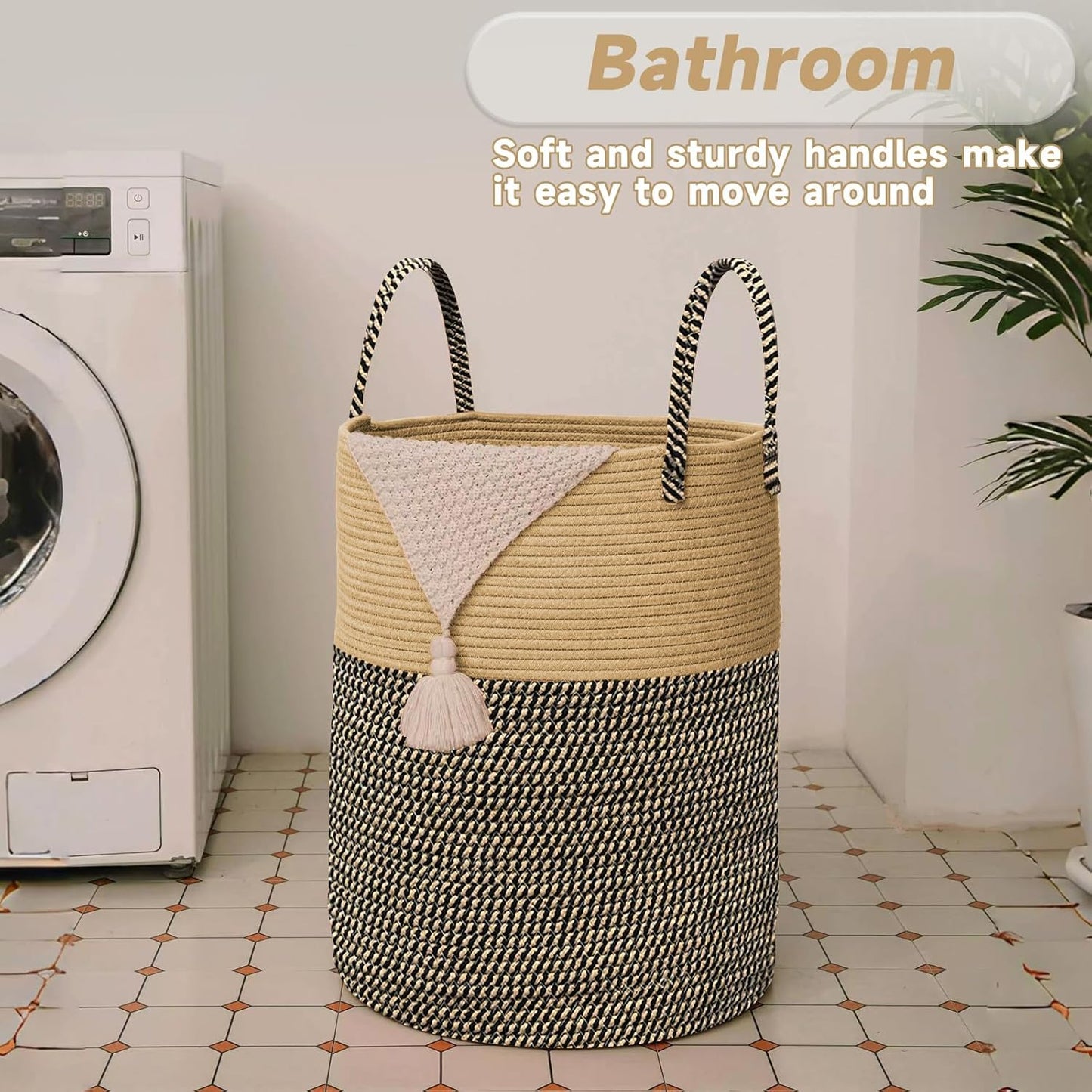 Large Woven Laundry Basket Hamper,60L Cotton Rope Storage Bin for Blankets,Toys and Clothes,Decorative Tall Nursery Hamper for Living Room,Baby Nursery,Bathroom and Bedroom,Brown and Black