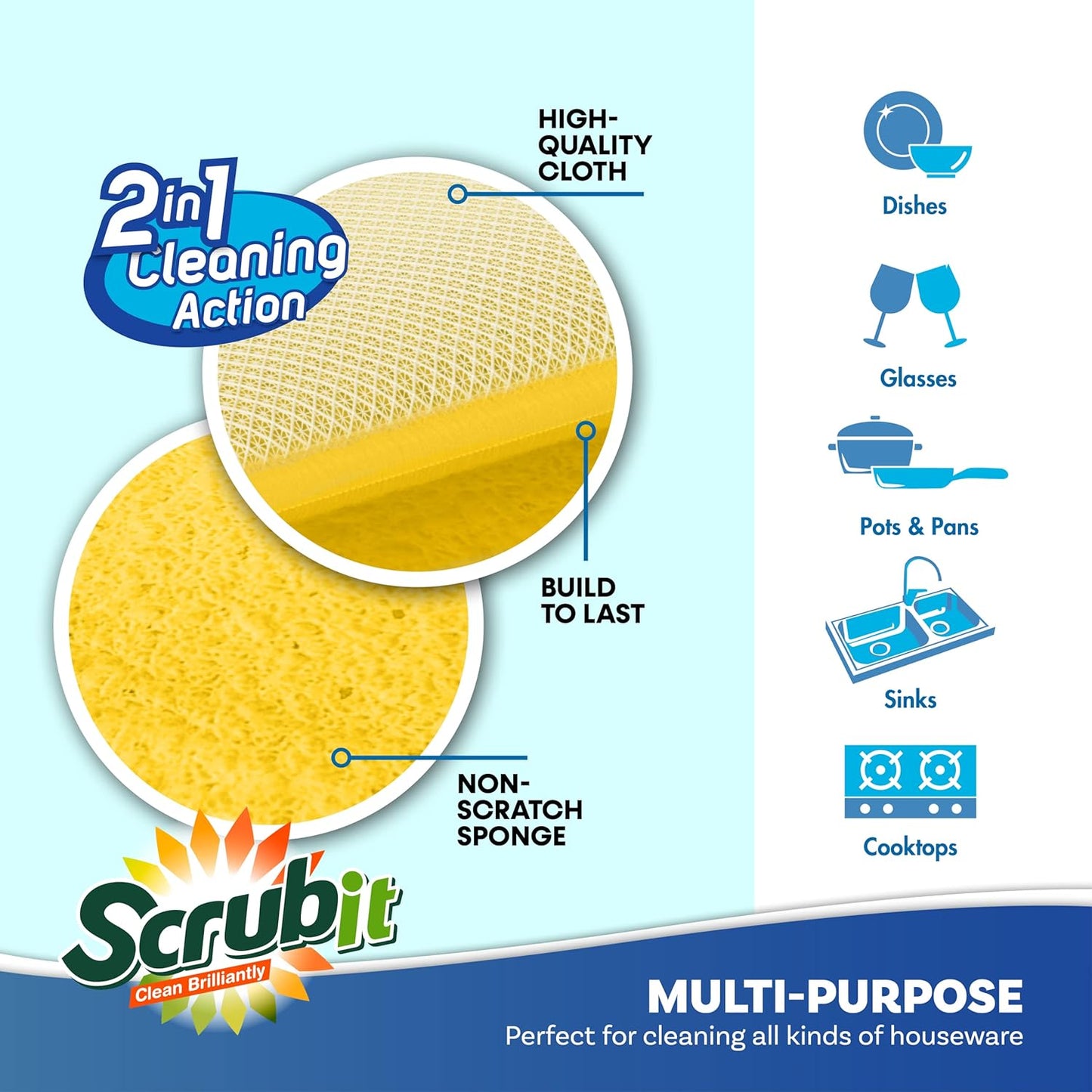 Scrub and Wipe Cleaning Pads [10 Pack] – SCRUBIT Dual Sided Scouring Pad and Sponge - Reusable Kitchen Scrubbing Sponges for Dishes, Pots, Pans Utensils & Non-Stick Cookware (Yellow)