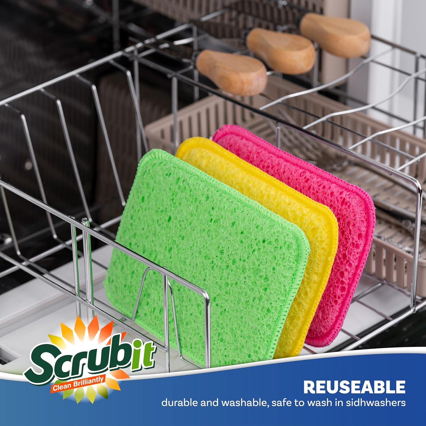 Scrub and Wipe Cleaning Pads [10 Pack] – SCRUBIT Dual Sided Scouring Pad and Sponge - Reusable Kitchen Scrubbing Sponges for Dishes, Pots, Pans Utensils & Non-Stick Cookware (Yellow)