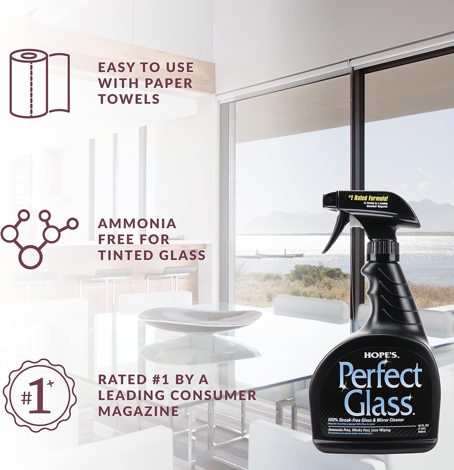 HOPE'S Perfect Glass Cleaner Spray, Streak-Free, Ammonia-Free Window, Mirror, Screen, Tinted Glass, and Shower Door Cleaner, Indoor and Outdoor Glass Surfaces, 32 Fl Oz, Pack of 1
