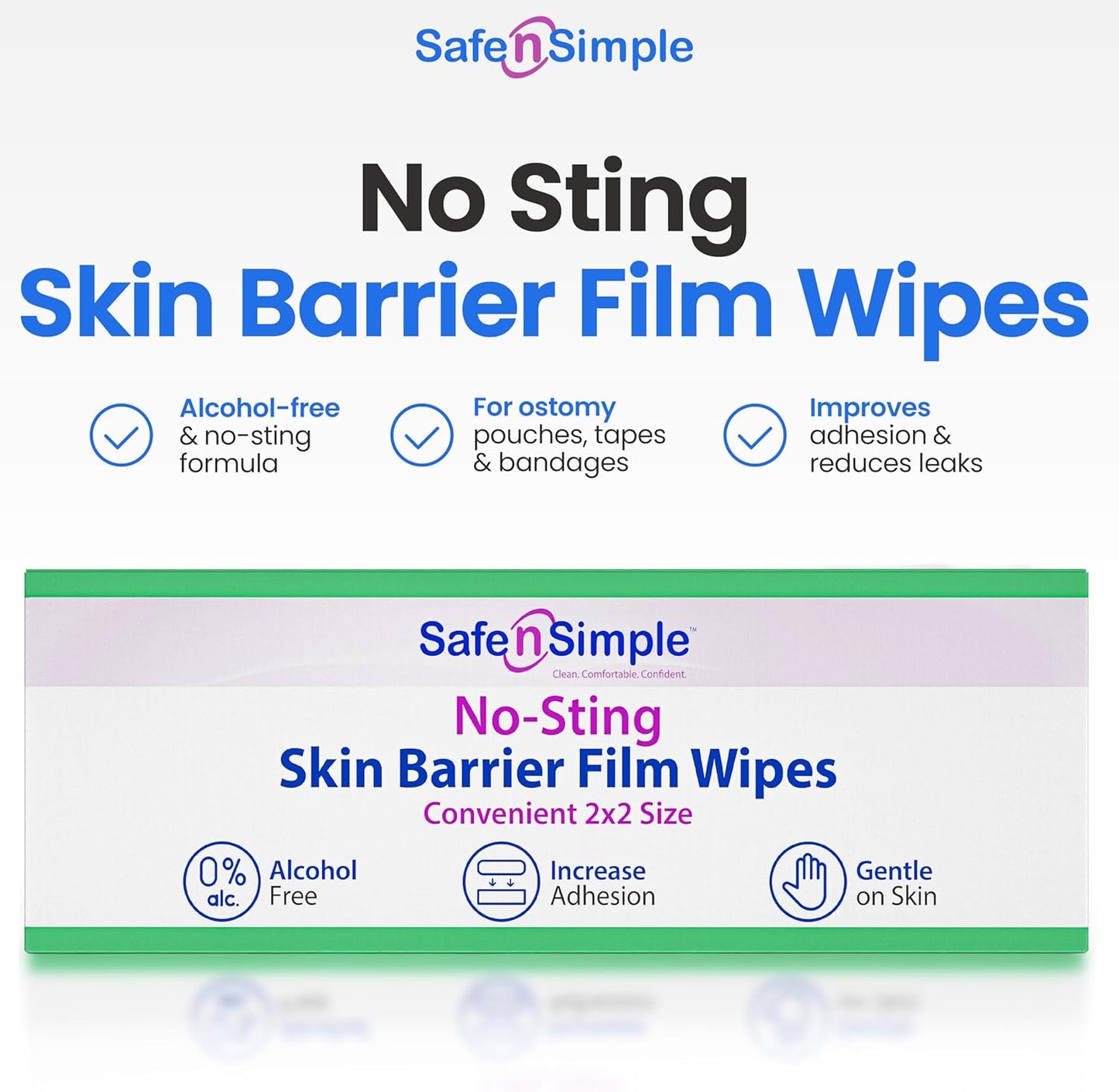 Safe n' Simple No Sting Skin Prep Wipes - 100 Individual Ostomy Barrier Film 2.4" x 2.4" - Skin Barrier Film Wipes for Ostomy - Protective Sting Free Skin Barrier