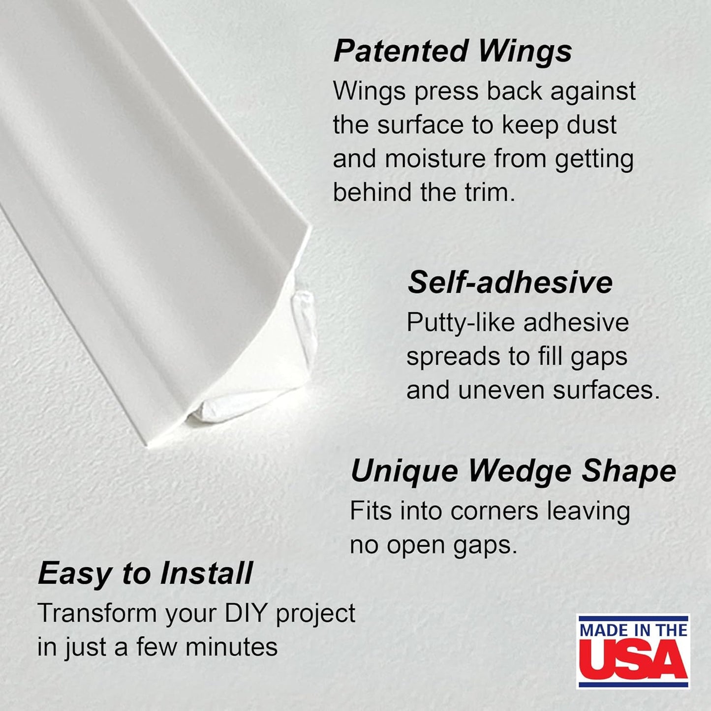 InstaTrim The Original Flexible Trim - 50ft White 1/2" Wide Caulk Tape - Adhesive Trim with Many Uses Including Caulking for Bathtubs, Sinks, Counters, Tile, Floors - Made in USA