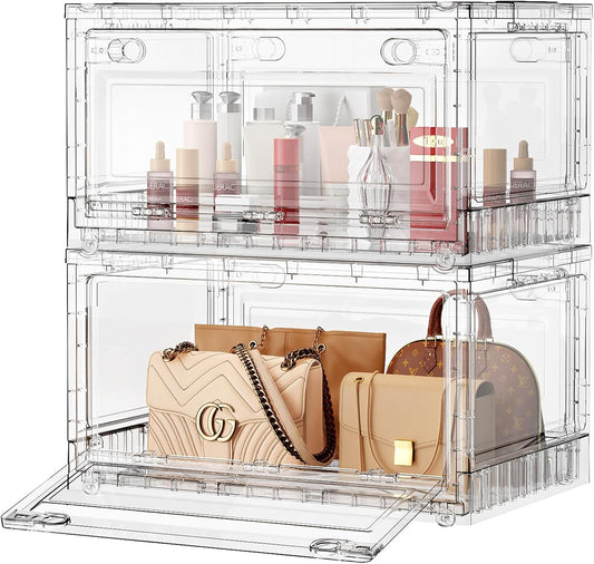 BROVIEW Clear Stackable Storage Bins Drawers, Open Front Large Plastic Storage Bins with Lids, Foldable Closet Organizers and Storage for Wardrobe Cabinets, Pantry, Makeup,2 Pack