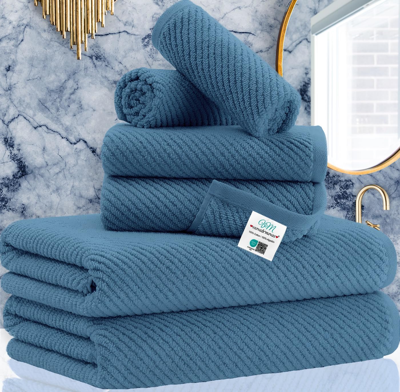 VOOVA & MOVAS Blue Towels Bathroom Sets, 100% Cotton | Lightweight | Soft | Quick Dry | Thick, Towel Set of 6, 2 Large Bath 30"x56", 2 Hand 18"x28", 2 Wash Cloths 13"x13", Denim Blue Towel Gift