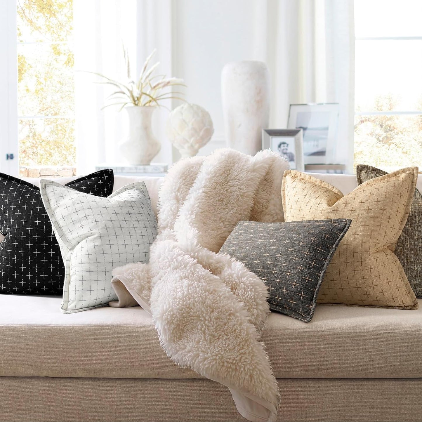 ZWJD Pillow Covers 26x26 Set of 2 Soft Polyester Textured Pillow Covers with Stylish Flange Edge Cozy Farmhouse Throw Pillows for Couch Bed Sofa Living Room