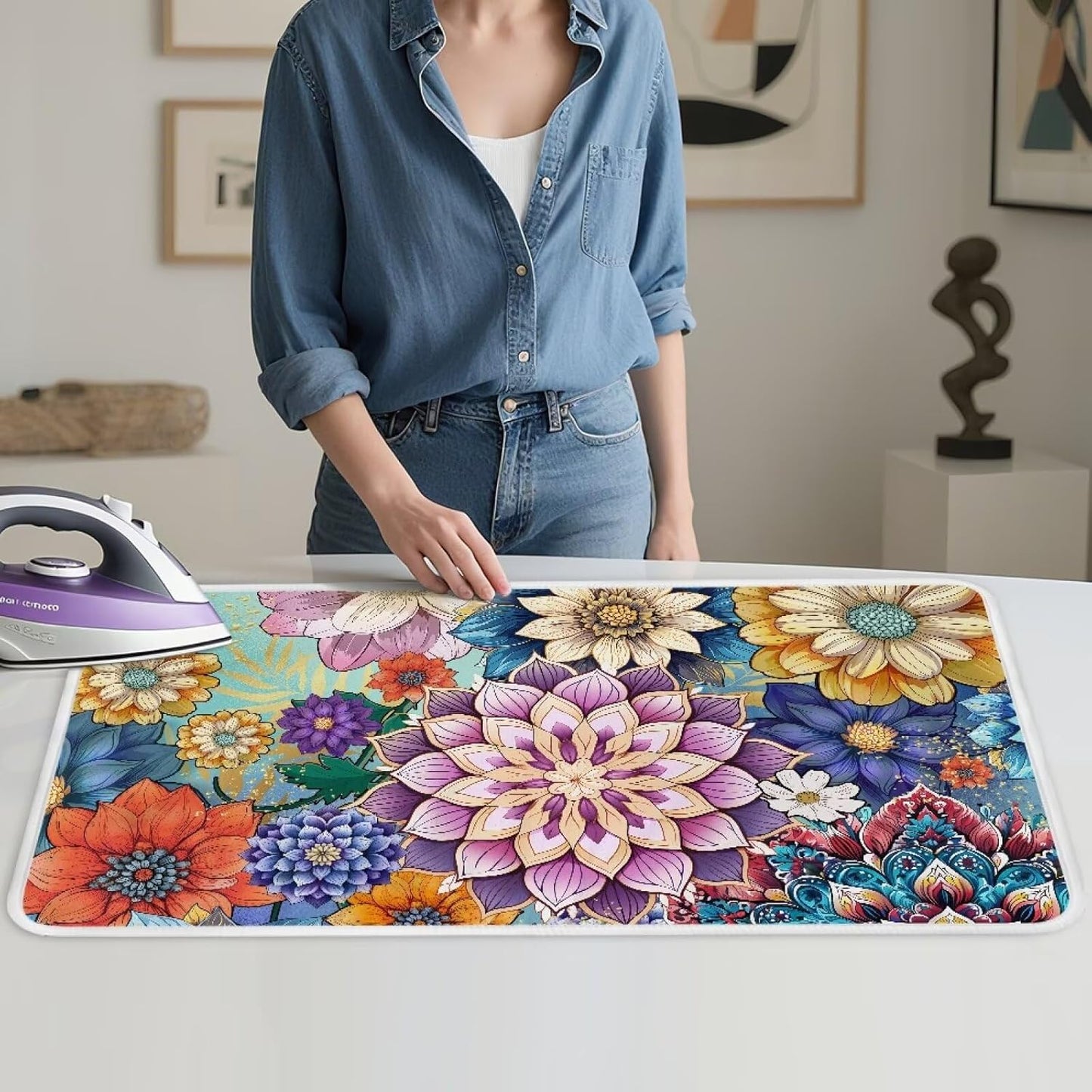Ironing Mat Boho Flower Portable Ironing Pad Blanket for Table Top Heat Resistance Travel Small 32 x 16 Inch Foldable Lightweight Iron Mats for Washer and Dryer