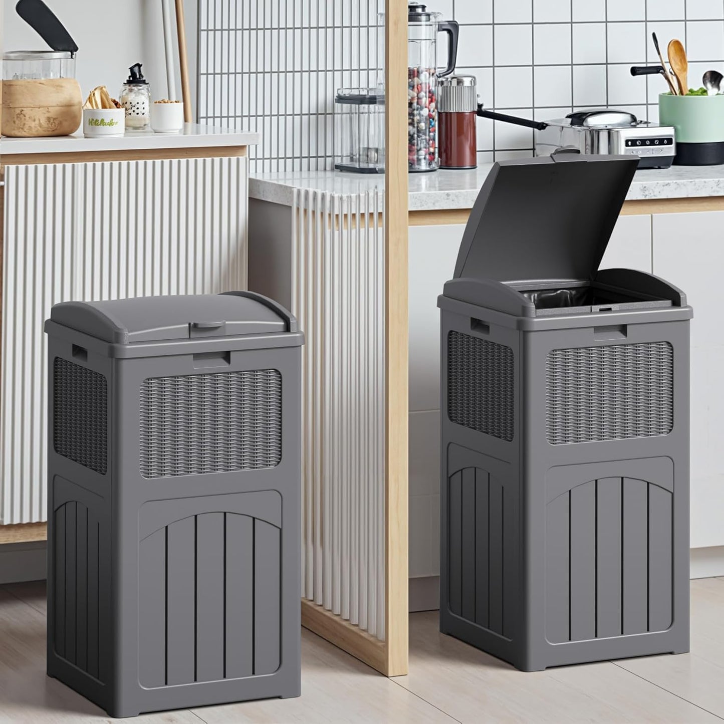 Devoko 33 Gallon Outdoor Trash Can with Dual Lid, Heavy Duty Waterproof Resin Garbage Bins Outside, Hideaway Waste Bins for Patio, Outside Pool, Backyard and Deck (2, Gray)