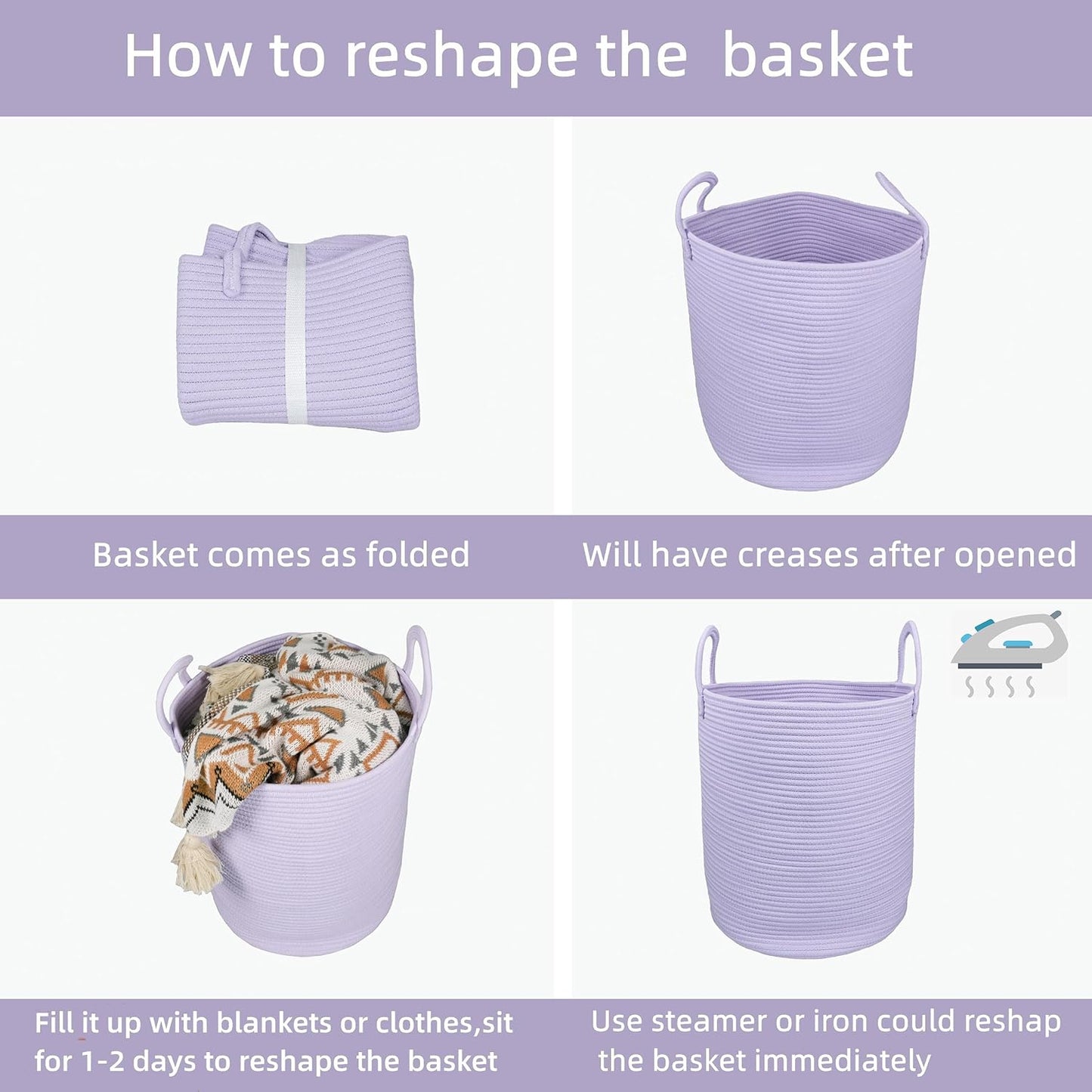 Rope Laundry Basket Hamper for Clothes Woven Storage Basket for Living Room Bedroom Boho Tall Rope Baskets for Blanket Toys Pillow Towels Baby Nursery Hamper Bin Large purple or lavender