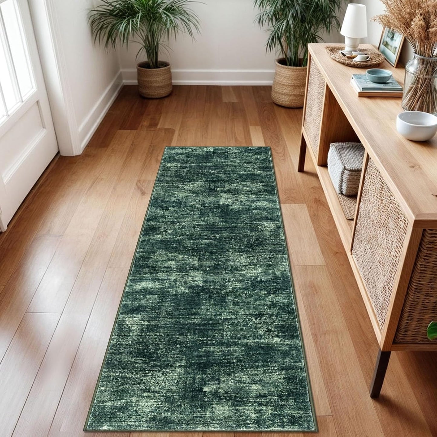 IOHOUZE Abstract Runner Rug 2x7 Ft Washable Runners for Hallways, Non Slip Kitchen Runner Printed Faux Wool Entryway Runners Indoor, Modern Abstract Floor Carpet for Hall Kitchen Bedroom, Dark Green
