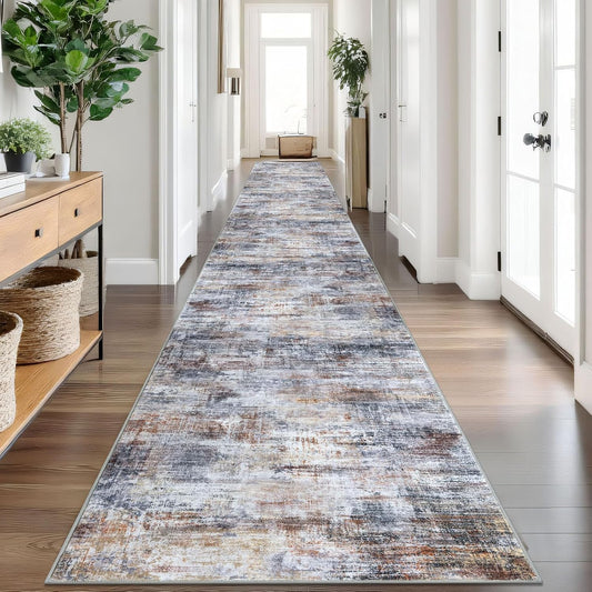 IOHOUZE Abstract Runner Rug 3x20 Ft Extra Long Washable Runners for Hallways, Non Slip Kitchen Runner Printed Faux Wool Entryway Runner Indoor, Modern Abstract Floor Carpet for Hall Stair, Orange Grey