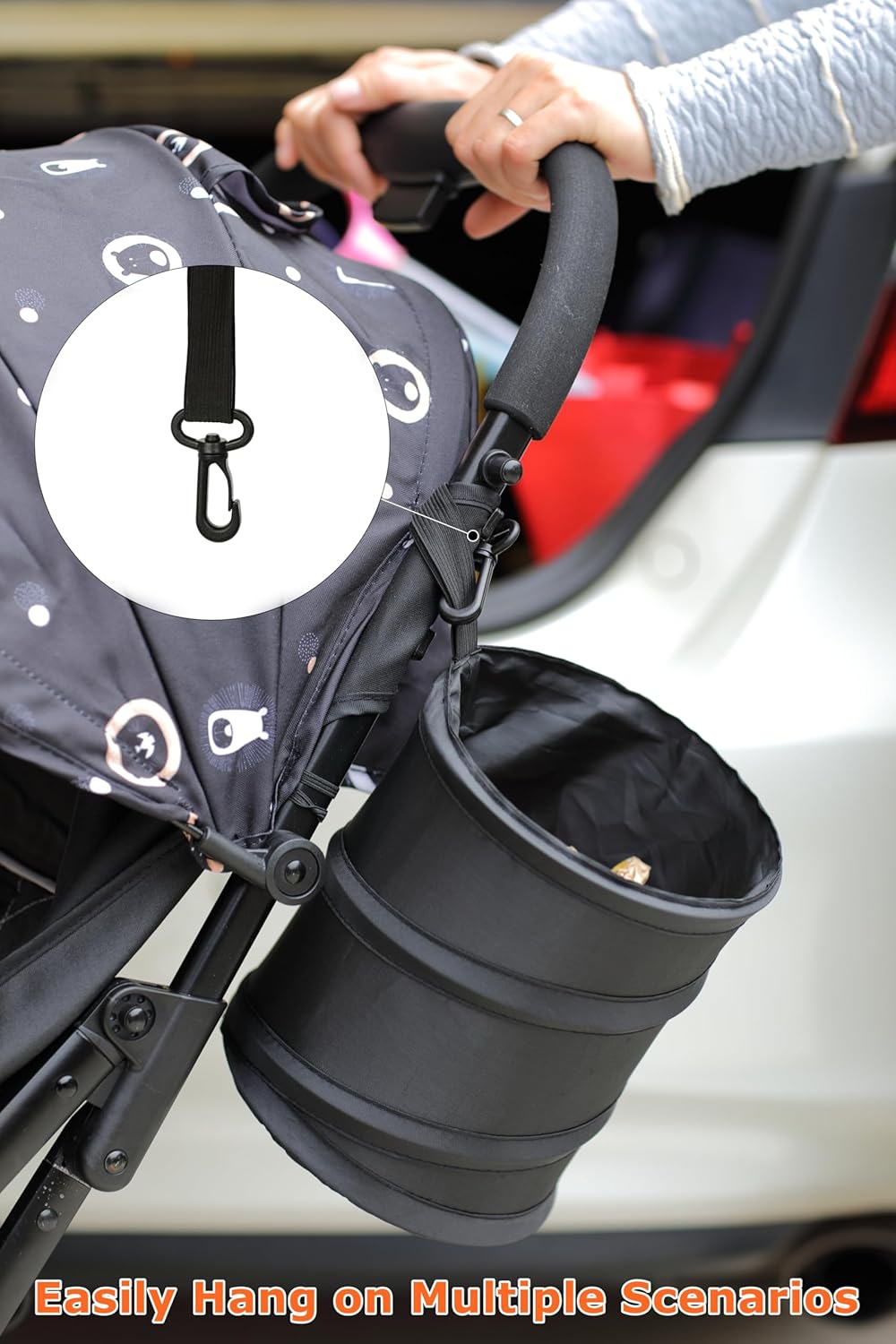 Ginsco 2Packs 1 Gallon New Leakproof Car Trash Can, Mini Trash Can Pop-up Collapsible Hanging Car Trash Bin with Hook and Loop, Waterproof PEVA Liner Open-Top Garbage Can for Cars Home Office