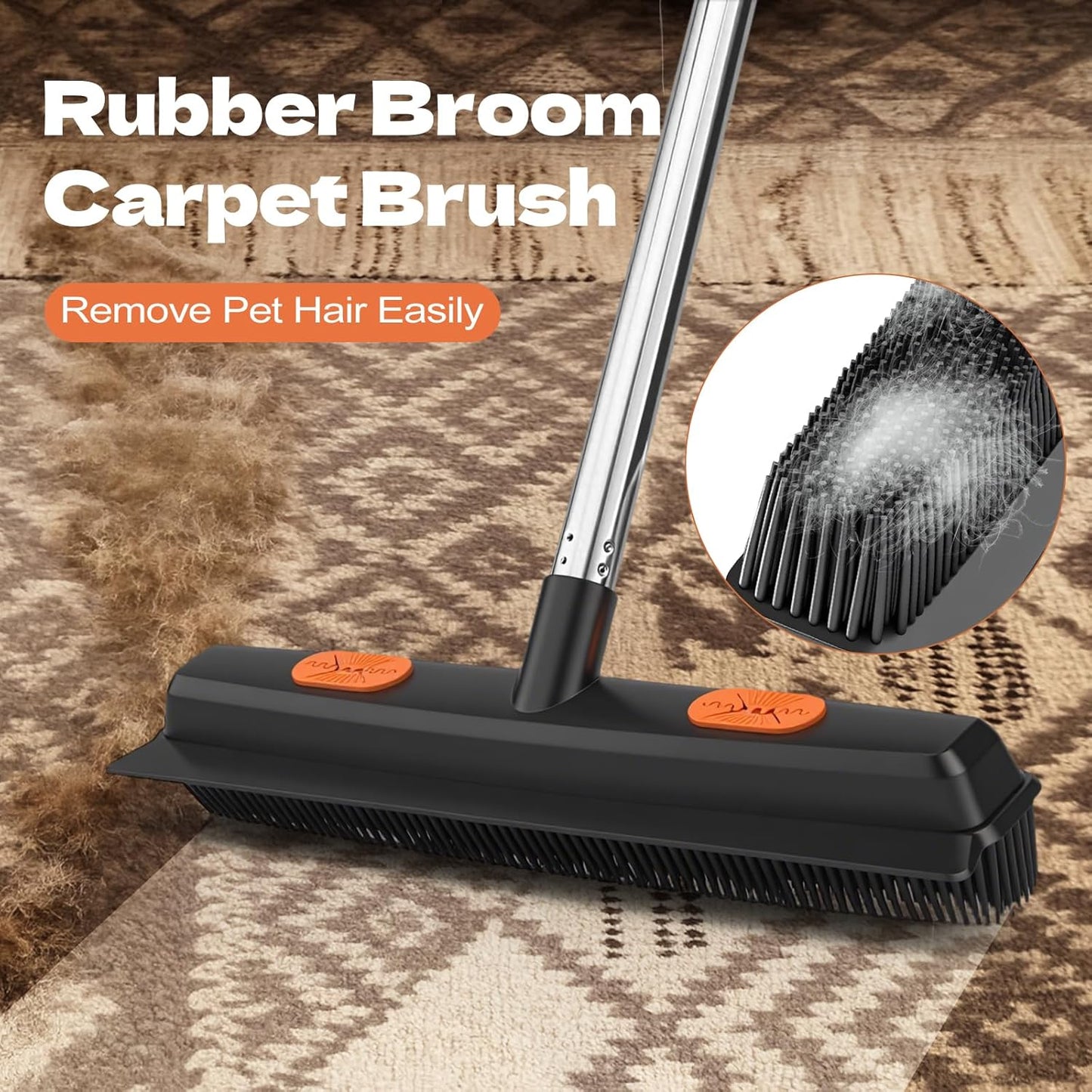 Pet Hair Removal Rubber Broom with Squeegee,Carpet rake for pet Hair Removal Tool,52 inch Adjustable Handle,Includes 1 Microfiber Cloth for Floor Dusting and 1 Pet Hair Comb Long Extension Pole