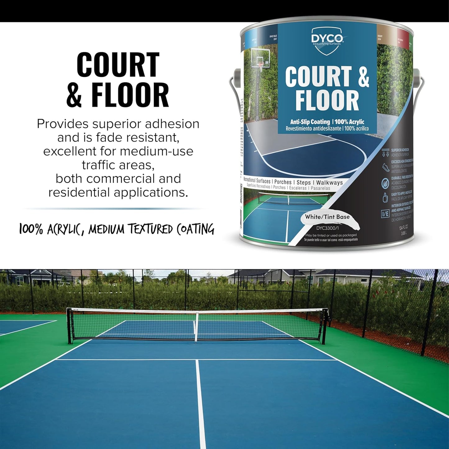 DYCO Court & Floor Anti-Slip Coating - Slip-Resistant Pavement, Cement & Concrete Paint for Pickleball, Tennis & Basketball Courts, Exceeds ADA Standards for Safety Areas (White, 1 Gallon)