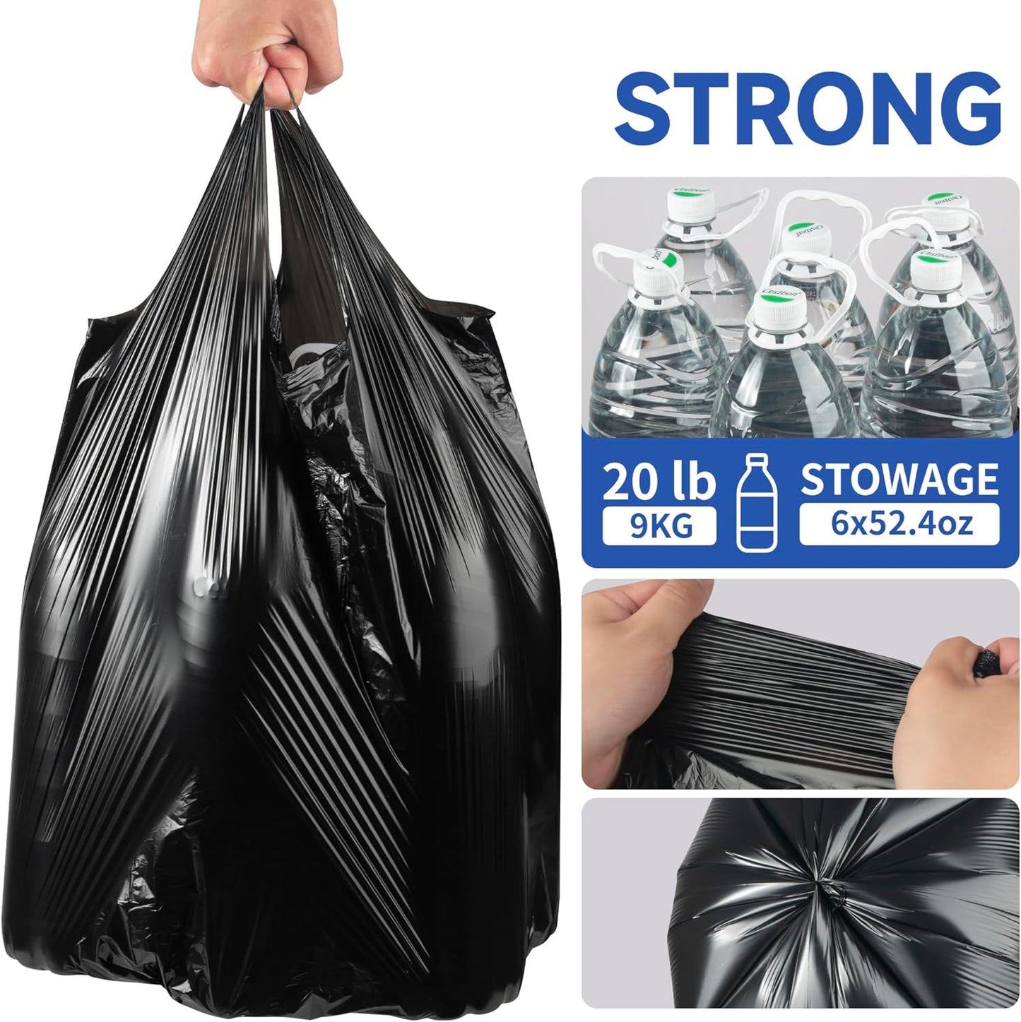 Small Trash Bags with Handles 4 Gallon 50 Count Black - Ocean Plastic Upcycling - Plastic Garbage Bags, Can Bin & Waste Basket Liner for Kitchen, Bathroom, Office and Pets