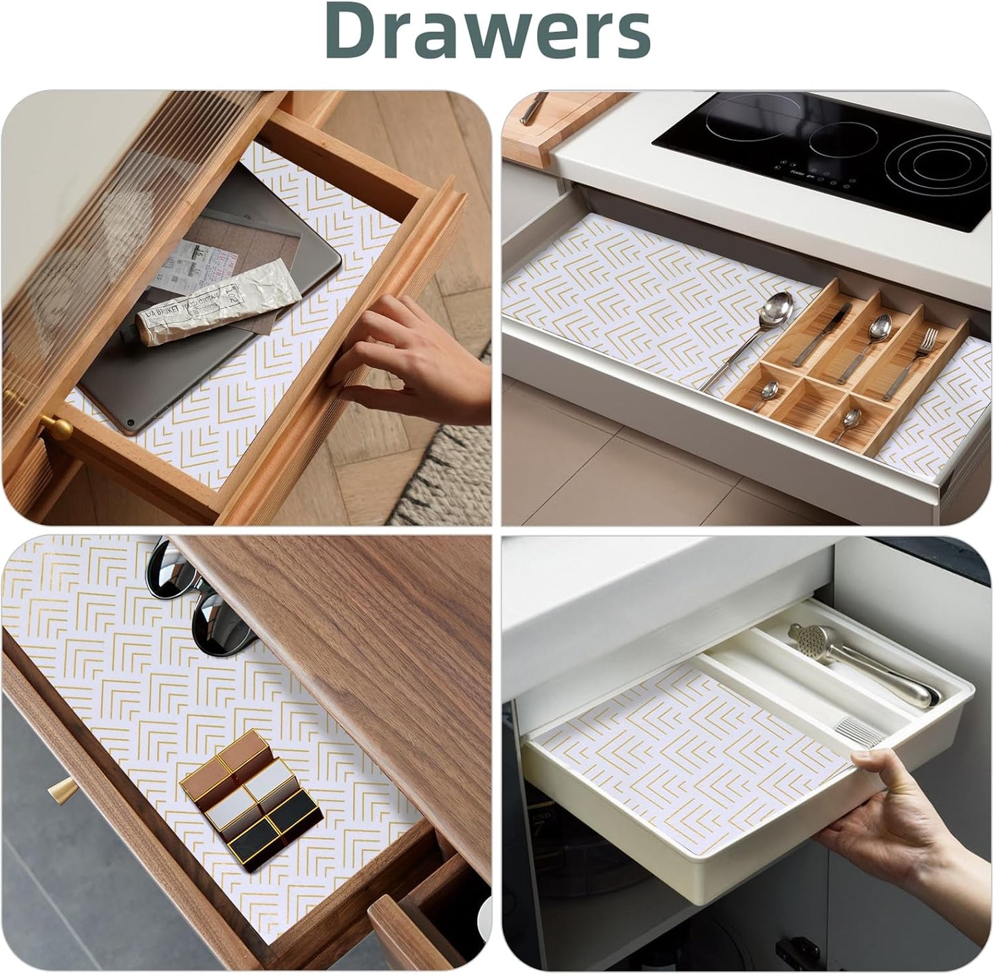 Shelf Liner for Kitchen Cabinets Non Adhesive Drawer Liner Non-Slip Thickened Shelf Liner Paper Strong Easy to Clean for Tool Box Refrigerator with Knife and Tape Measure, Gold Arrow, 23.6 x 236.2 in